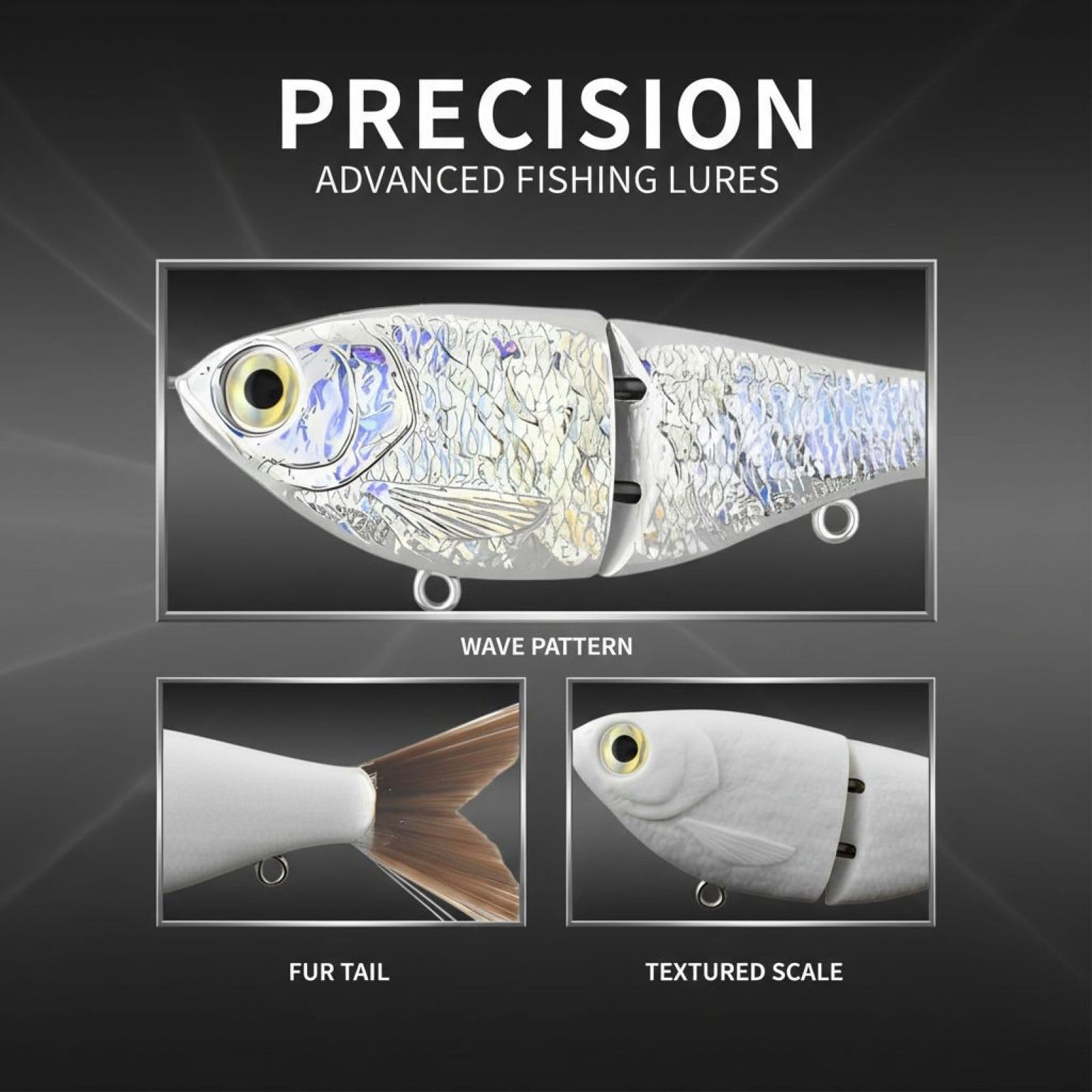 Lot de 3 leurres de pêche articulés, swimbait segmenté de 120 mm, Queue en Fourrure, Motifs ondulés imprimés à Chaud, pour Bar, Truite, Saumon, Corps Rigide en ABS pour pêche en mer