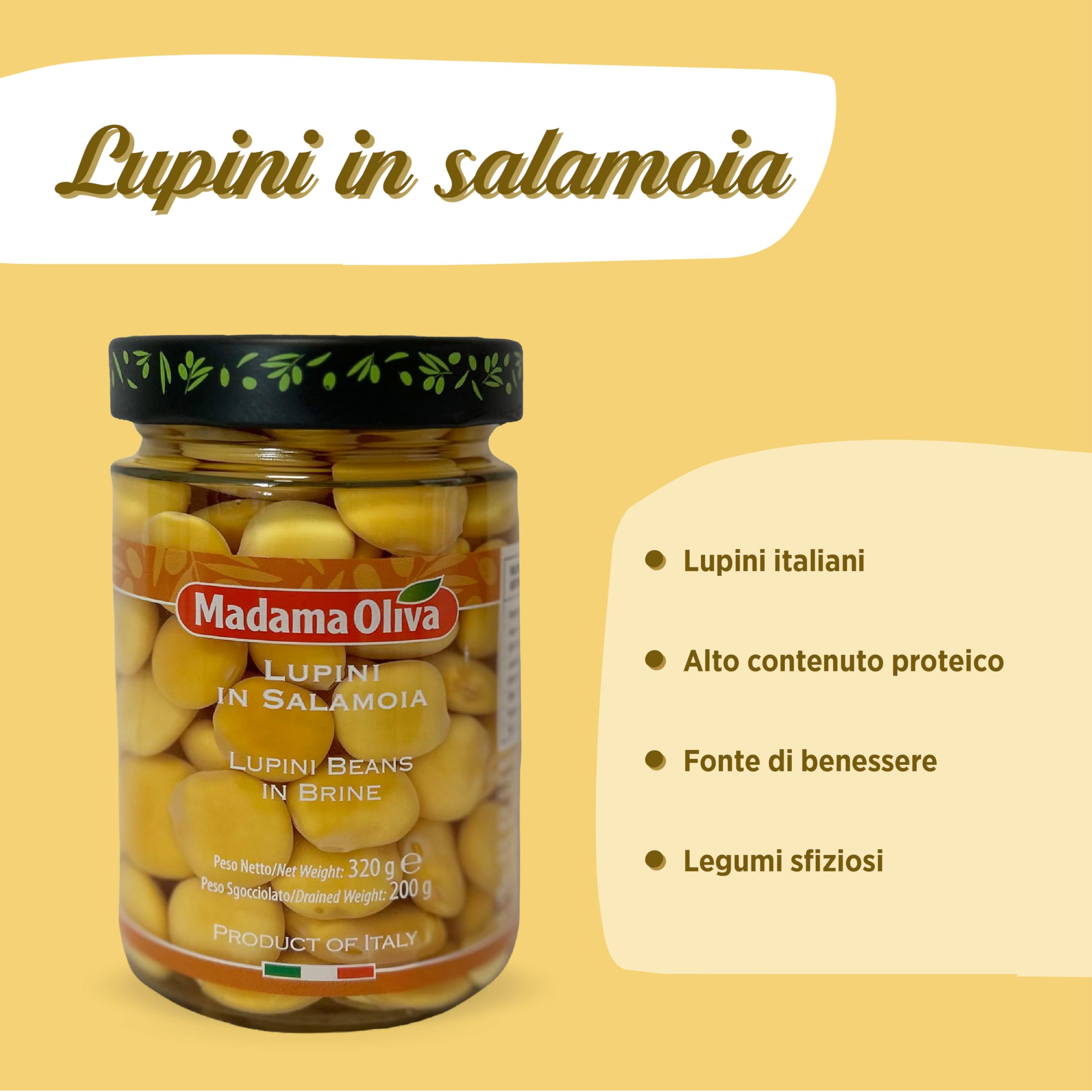 MADAMA OLIVA, Lupini in Salamoia, Ottimo Snack per Aperitivi, Ideale per le Insalate Miste e nelle Minestre, 100% Made in Italy, Box da 7 Vasi in Vetro da 320 gr