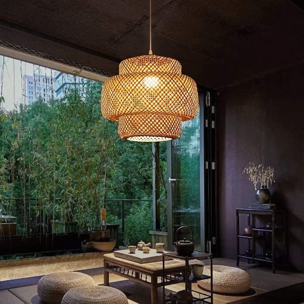 Bracket Light 1-Light Farmhouse Pendant Chandelier Farmhouse Wooden Hanging Island Lighting Fixture Retro Industrial for Kitchen Dining Room Bamboo Weaving Stainless Steel Bracket Light