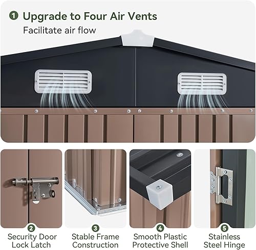 Vista 44 de Aoxun Cobertizo de almacenamiento al aire libre de 80 pies cúbicos impermeable para jardín, cobertizo de herramientas de metal, color marrón