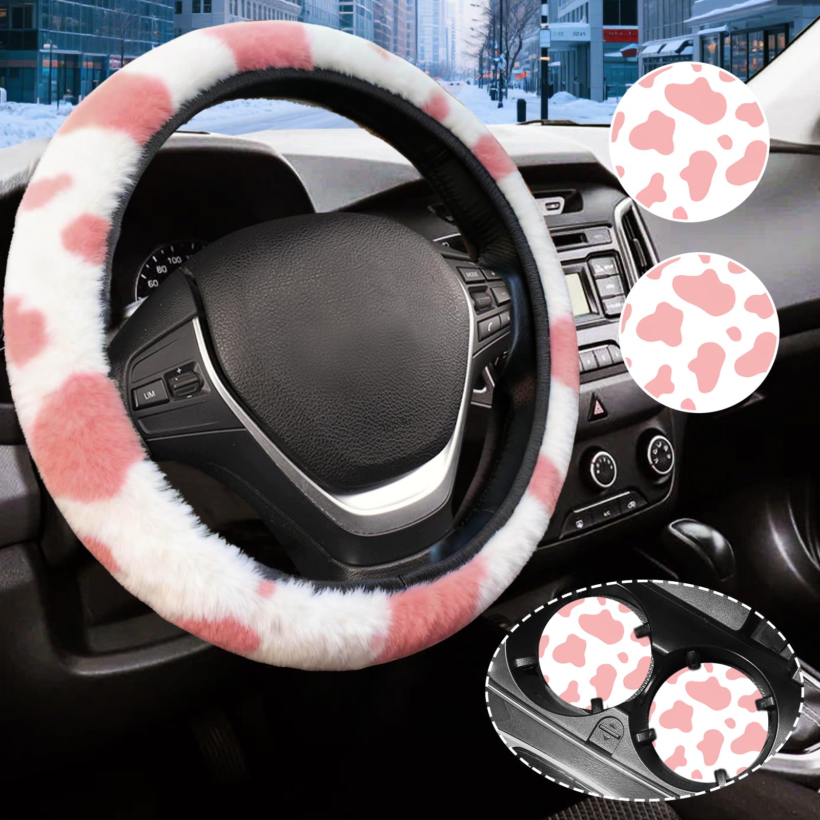 Pink Cow Fuzzy Steering Wheel Cover for Women, Universal Auto Steering Wheel 14-15 Inch Soft Warm Car Interior Accessories with 2PCS Car Coasters,