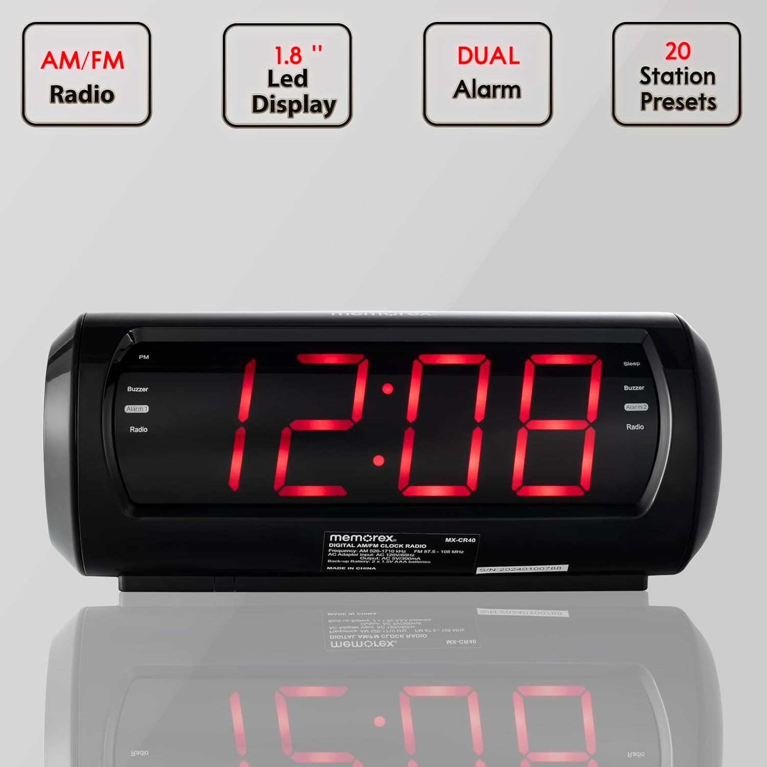 Graphic highlighting key features of Memorex MX-CR40: AM/FM Radio, 1.8 inch LED Display, Dual Alarm, 20 Station Presets.