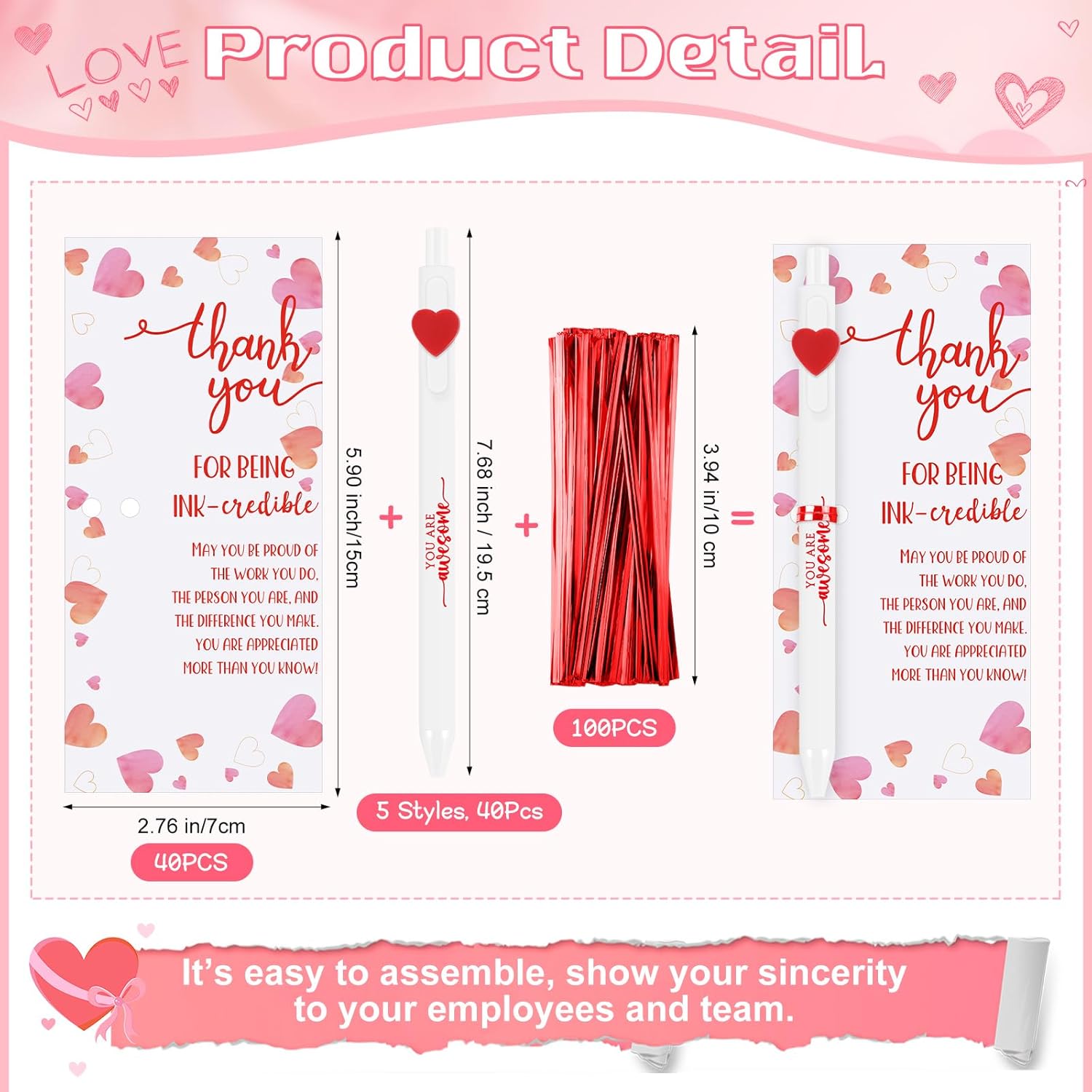Jetec 40 Sets Valentine's Day Pens Bulk Heart Employee Appreciation Gifts Inspirational Ballpoint Pens and Funny Valentines Cards Thank You Gifts for Coworker Teacher Staff Nurse Office (Motivational)