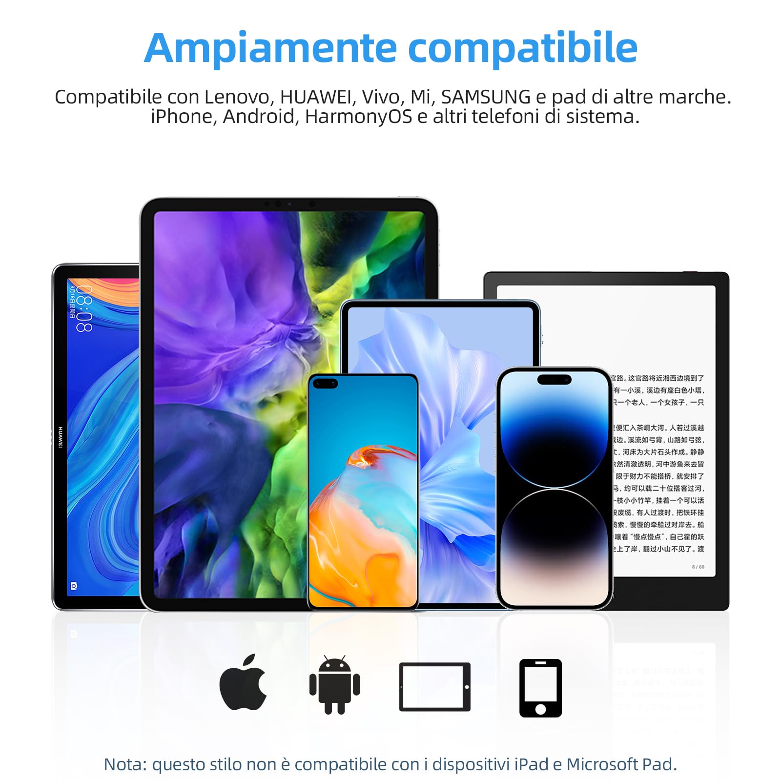 Stylus Pen Tablet Android, KBCASE Penna per Tablet Compatibile Samsung/iPhone/Lenovo/Xiaomi/Huawei/Android Touch Screen, Stylus Pencil with Sensibile all'Inclinazione con 3 Punte