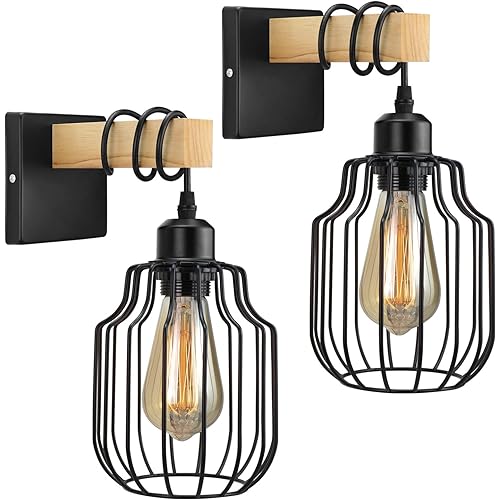 Wall Sconces Set of Two, Vintage Wooden Wall Sconce, Industrial Wire Cage Wall Sconce, Farmhouse Wall Light Fixtures, Black Wall Lamp for Bedroom Bathroom Living Room Hallway, 2-Pack