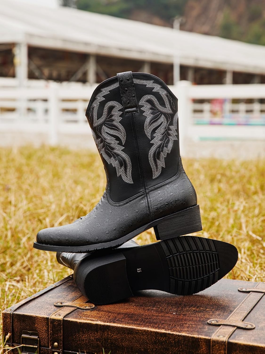 Men's Western Cowboy Boots, Ostrich Embossed Synthetic Leather, Embroidered Pull On, Slip Resistant, Multiple Colors