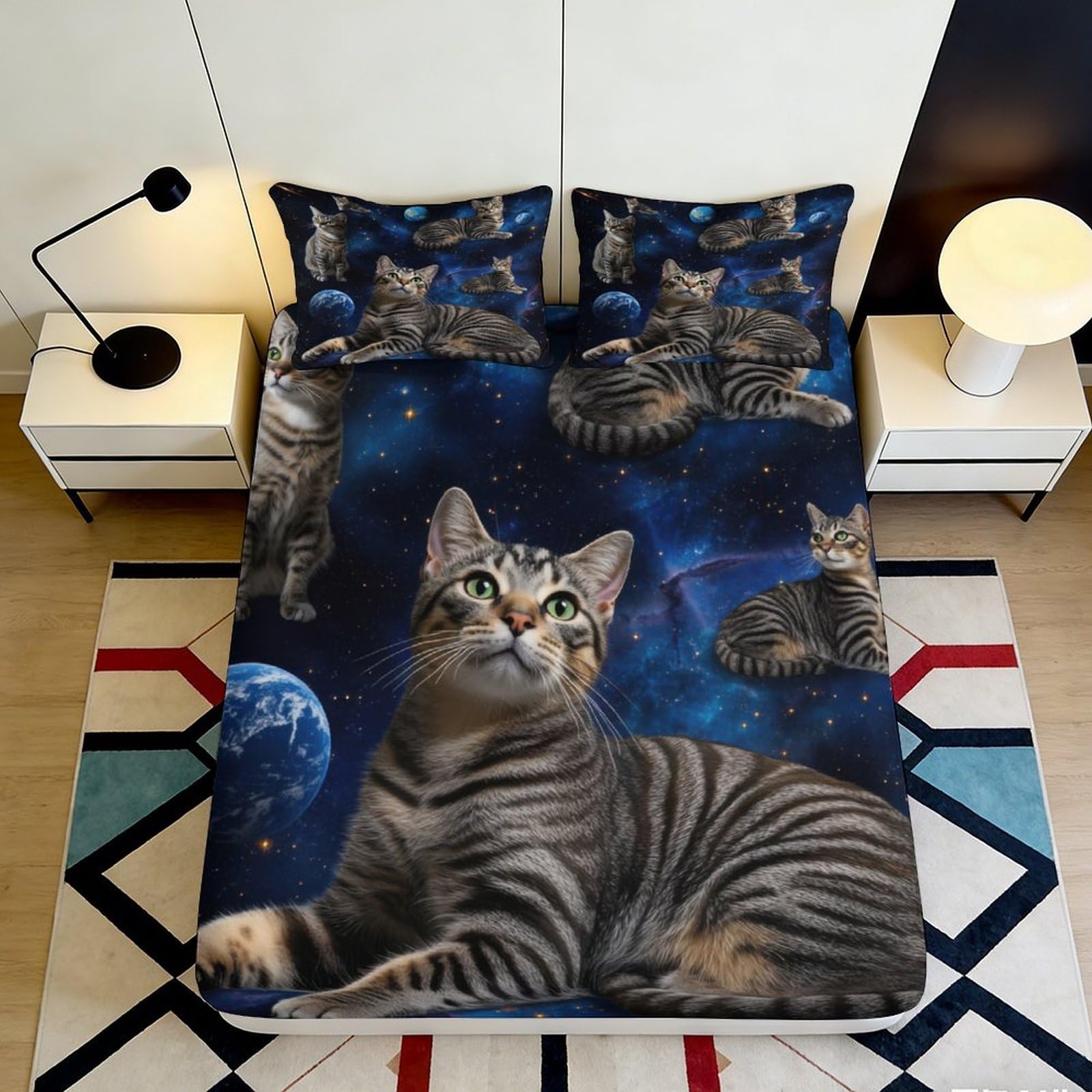 3D Printed cat galay Fitted Sheet, soft touch Microfiber, wrinkle resistant, easy care, home decor, guest room bedding, anti-slip, dustproof 140x200x25cm