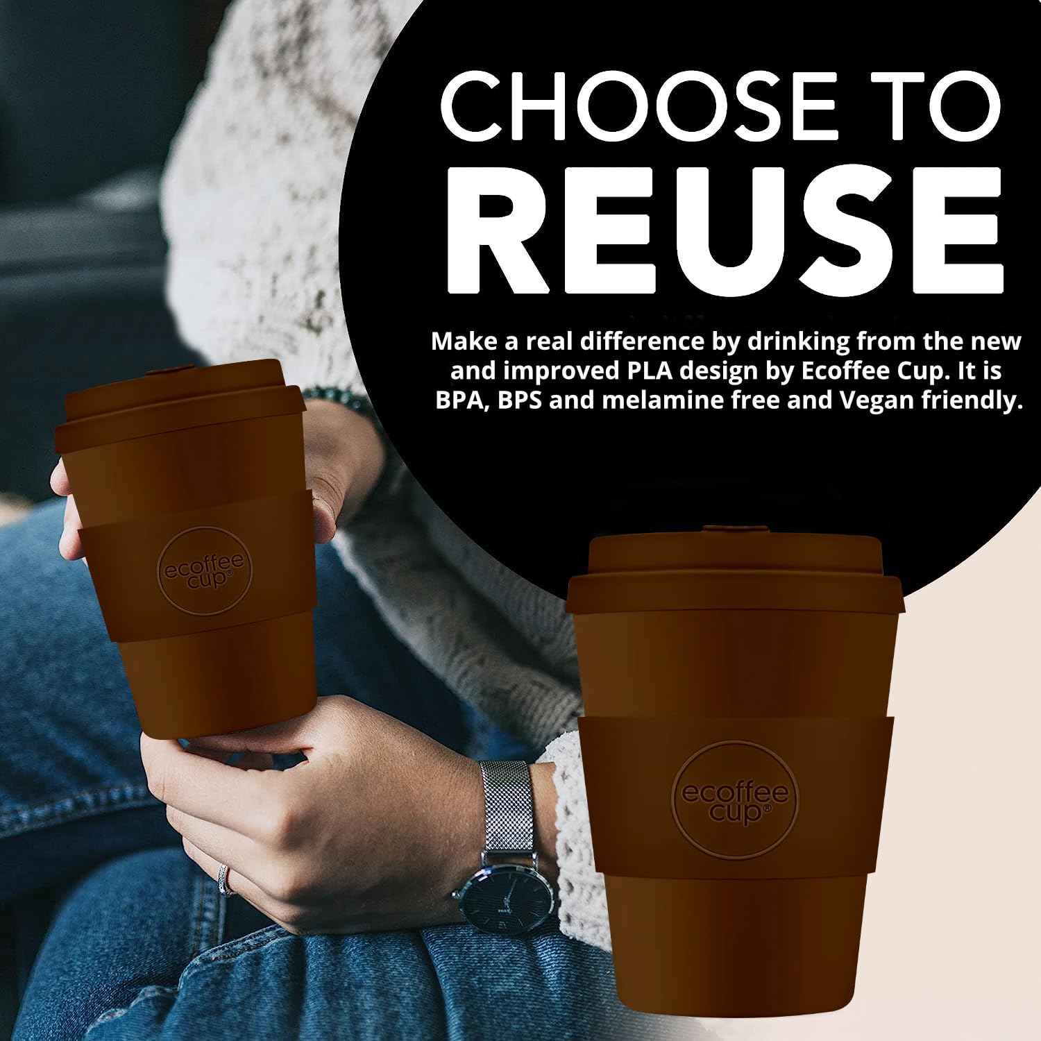 Ecoffee Cup 8oz 240ml Reusable Eco-Friendly 100% Plant Based Coffee Cup with Silicone Lid & Sleeve - Image 3