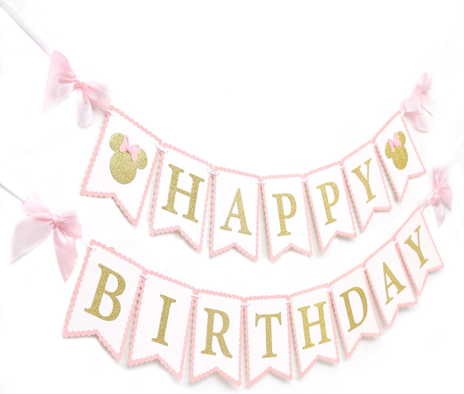 Mouse Happy Birthday Banner - Mouse Birthday Decorations, Pink And Gold Banner, Bow Girl 1st Pink Decor (banner)