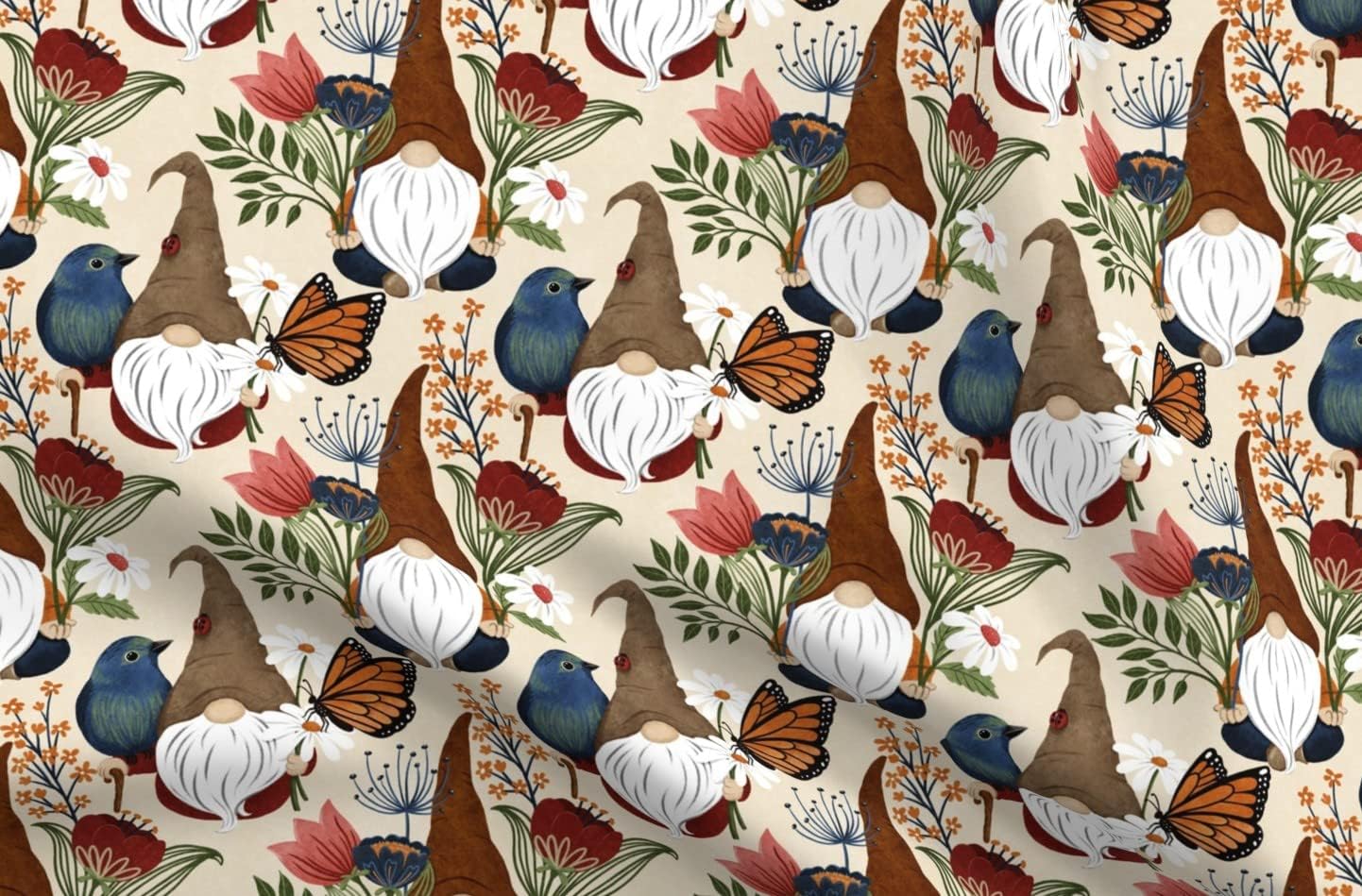 Spoonflower Fabric - Gnomes Flowers Butterfly Birds Garden Folklore Earth Tones Printed on Cotton Poplin Fabric by The Yard - Sewing Shirting Quilting Dresses Apparel Crafts