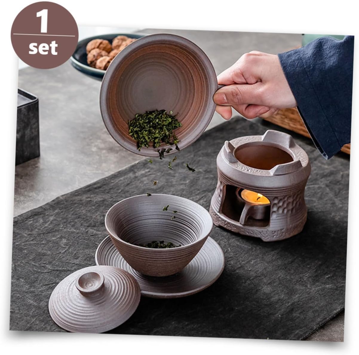 Garneck 1set Roasting Tea Stove Ceramic Warmer Tea Pot Stand Tray Multi-Function Candle Holder