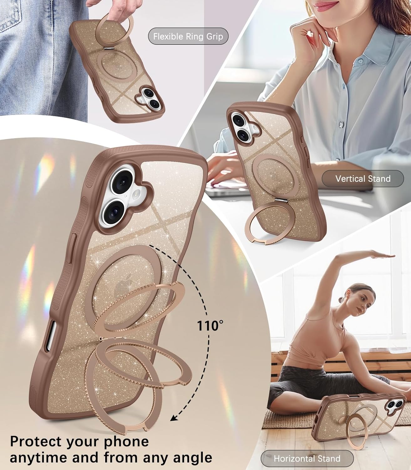 BENTOBEN Magnetic for iPhone 16 Plus Case with Invisible Kickstand Ring [Compatible with Magsafe] Clear Glitter Curly Wavy Non-Slip Shockproof Women Men Phone Cover for iPhone 16 Plus, Desert Titanium - Image 5