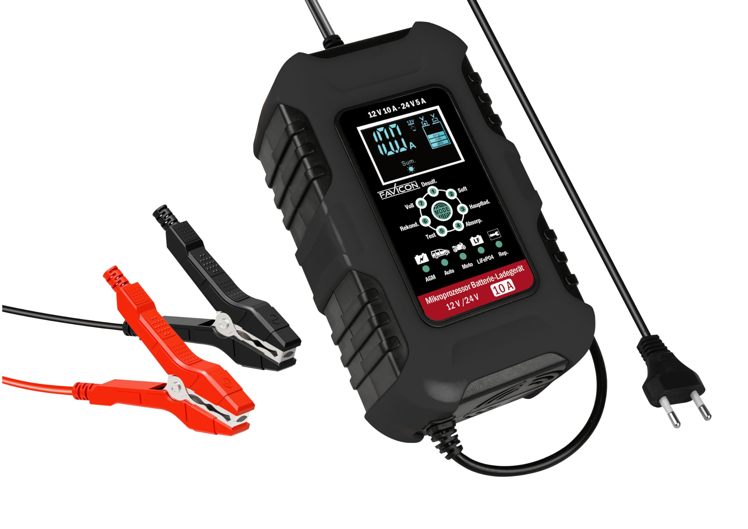 FAVICON Cargador de batería 12 V/24 V – 10 A | Cargador inteligente para baterías AGM, gel, húmedo y ácido de plomo | Tecnología de carga de 7 niveles, análisis de batería y carga de mantenimiento