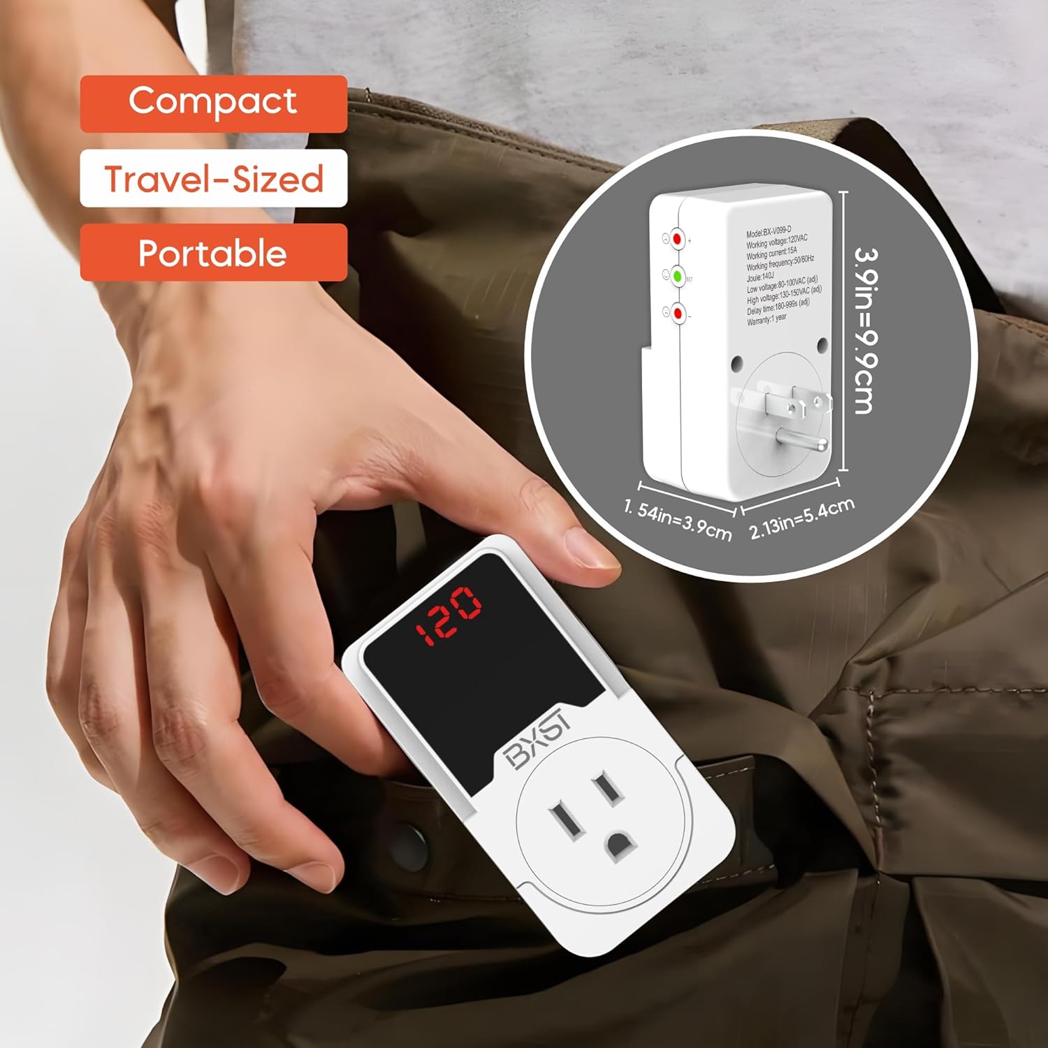 BXST 140J Surge Protector Voltage Protector One Outlet Plug Surge Protector for Refrigerator/Air-Conditioner/Fridge, Home/Office/Travel Portable LED Display Screen, Adjustable,120V, 15A, 1800W - Image 5