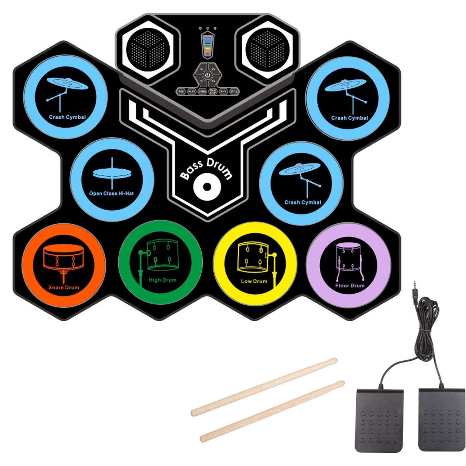 Batería Electrónica, Portátil 9 Pads Roll-up Drum Practice Pad con Pedales Y Baquetas, Altavoz Incorporado Color Drum Pad Machine, Bluetooth Midi/Soporte De Grabación para Niños, Adultos