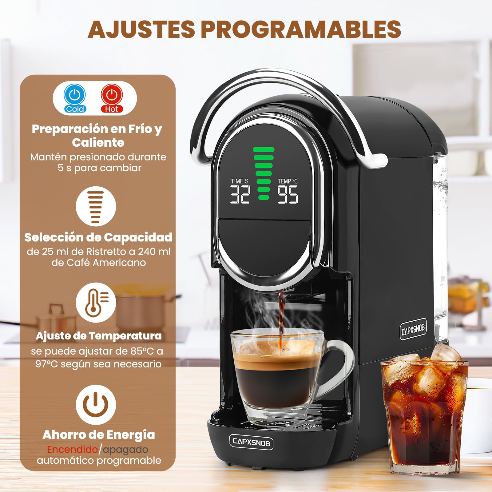 Magician1 Mini 5en1 Cafetera Cápsulas para Nespresso Original, Dolce Gusto, Lavazza A Modo Mio, ESE 44 y Café Molido, 20 Bares, 1450W, Pantalla LED, Máquina de Café Expreso Caliente o Frío