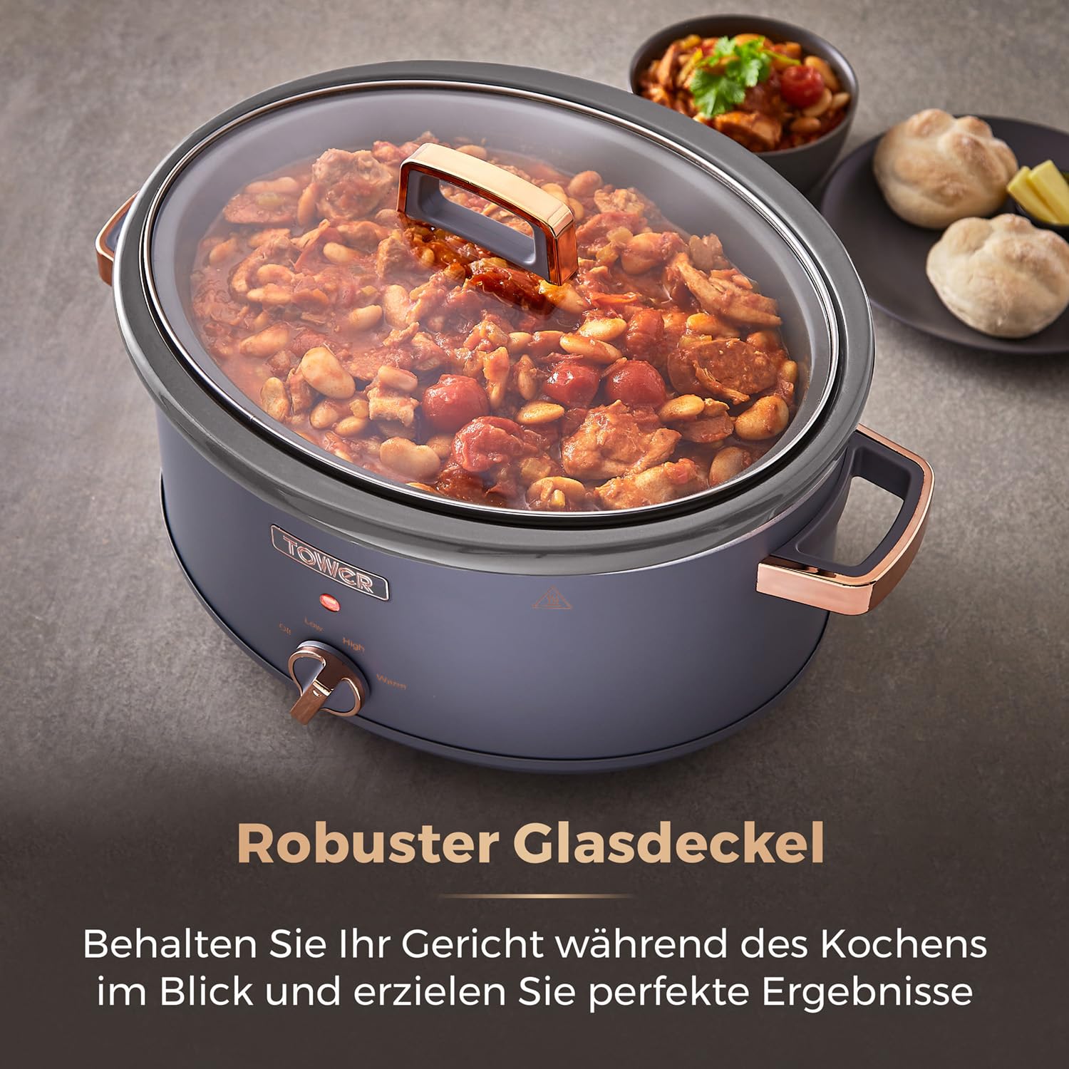 Tower T16043GRY Cavaletto 6,5 Liter Schongarer mit 3 Wärmestufen, Cool Touch Griffe, Grau und Roségold