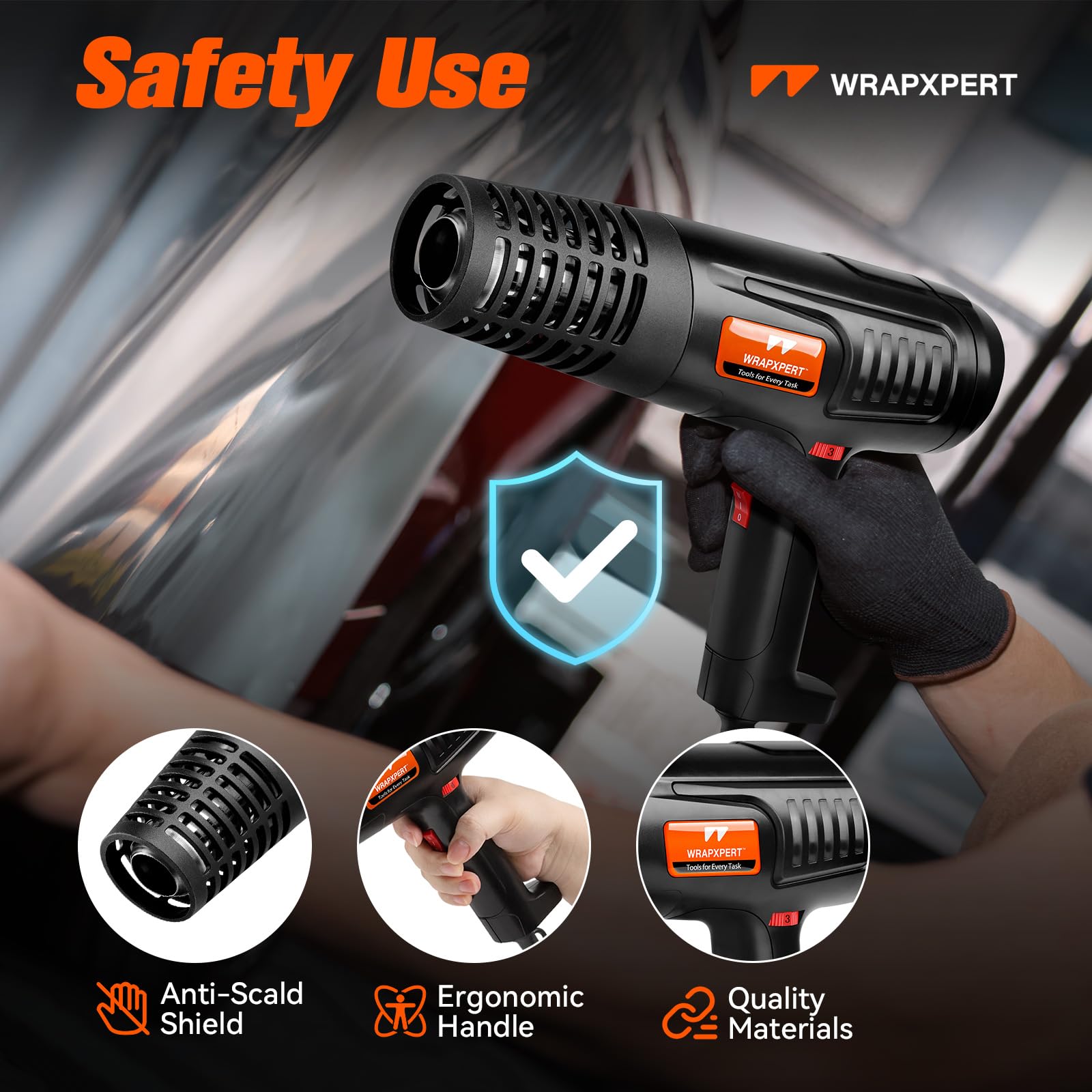 WRAPXPERT Pistola de calor para envoltura de vinilo de 1600 W, 50.0 °C a 650.0 °C con 2 velocidades de aire de temperatura variable, calentamiento rápido, pistola de aire caliente resistente para