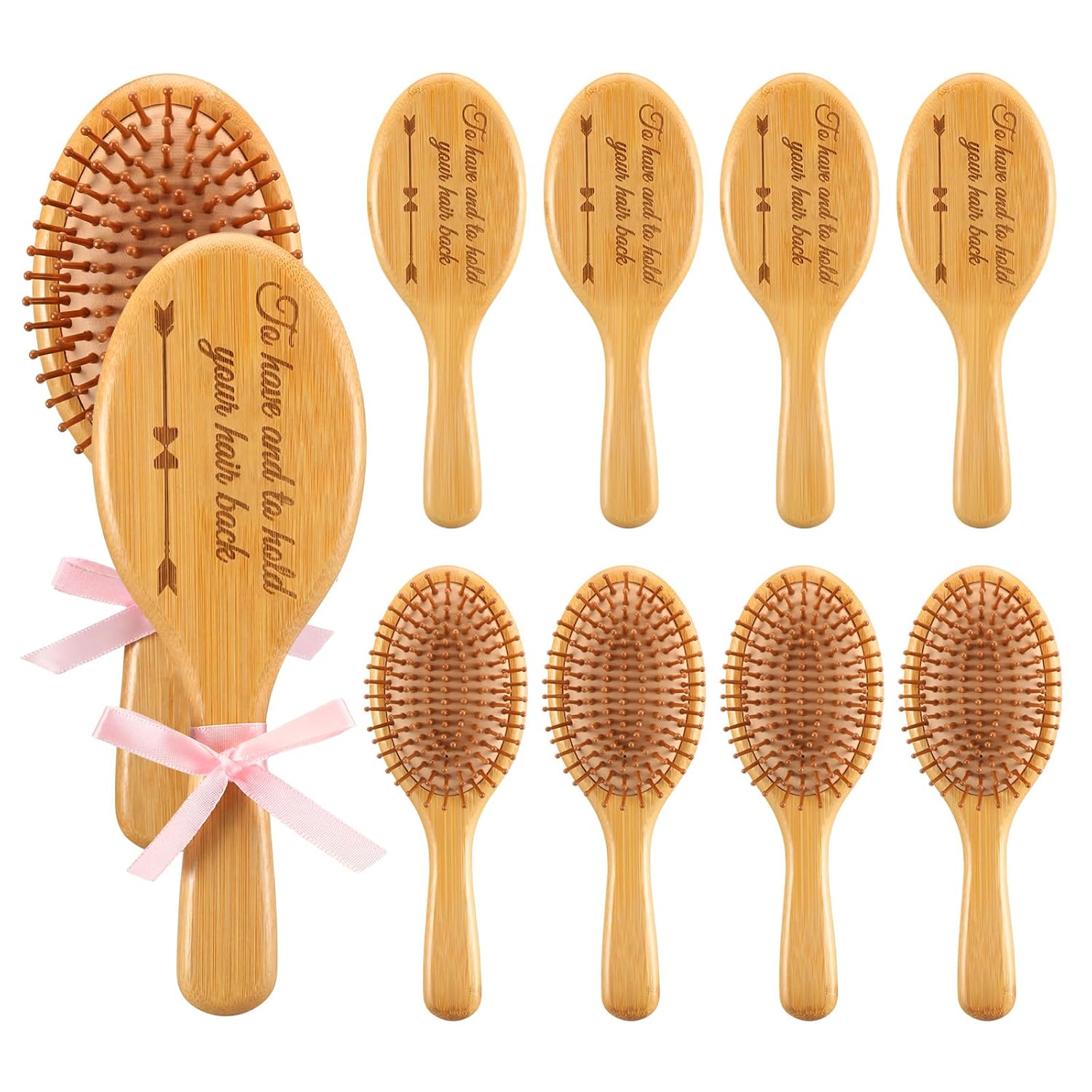 8 Pcs Bridesmaid Proposal Gifts Bachelorette Wooden Hair Brush Bulk with Pink Ribbon Bachelorette Bamboo Brushes Massage Combs for Wet Dry Hair Bridal Shower Wedding Party Women Gifts