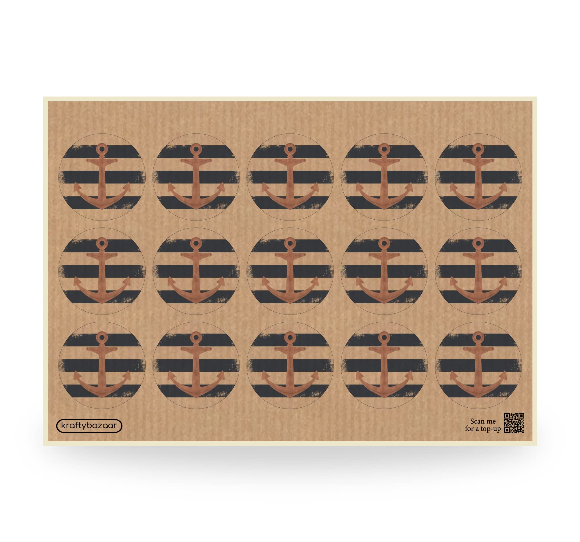 Pack of 90 Kraft Brown Nautical Design Anchor Paper Labels, 37mm Self-Adhesive Stickers, Multipack Stationery Craft Decor Labels