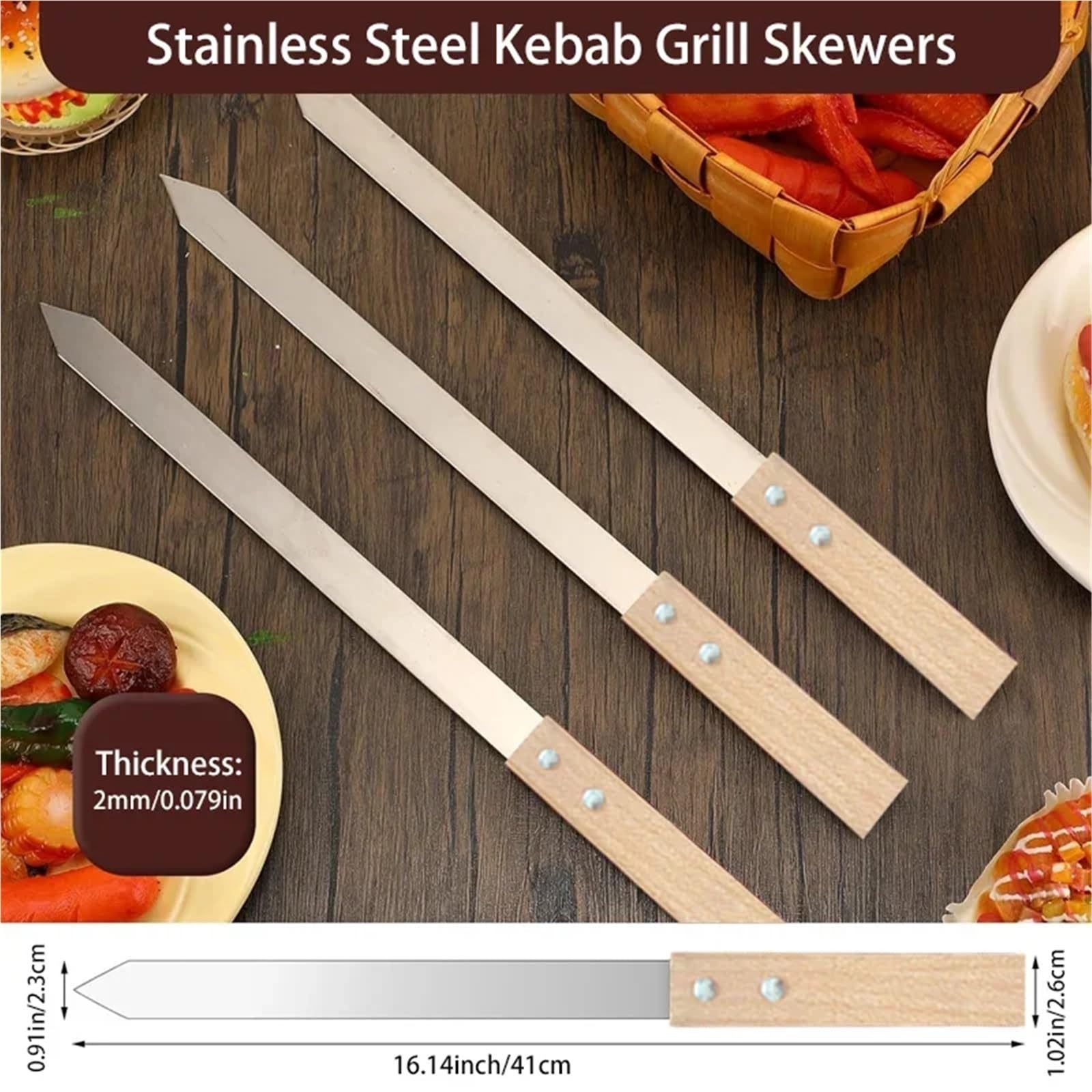 Brochetas Brochetas for kebab de acero inoxidable reutilizables Kobide 15,7 pulgadas largo, 0,91 ancho y 2 mm grosor(6pcs-410x23x2MM)