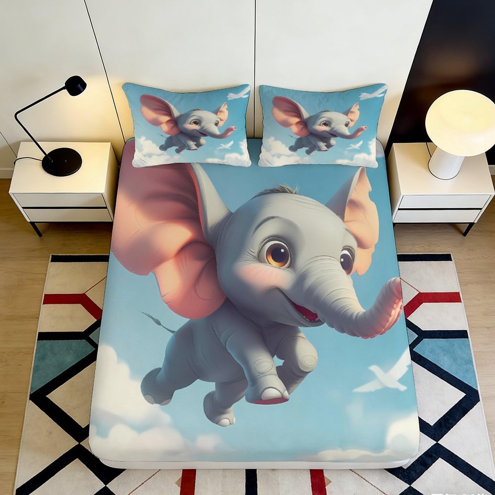 3D Printed Flying Elephant Fitted Sheet Microfiber Soft Breathable Cartoon Bed Cover for Bedroom Dormitory Guest Room Mattress Protection 120x200x25cm