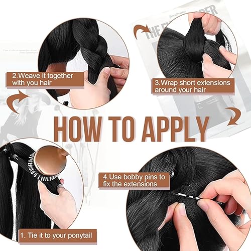 Miniatura 3 de Extensión de cola de caballo con banda para el cabello, 34 pulgadas, color negro oscuro, extensiones largas y trenzadas para mujer