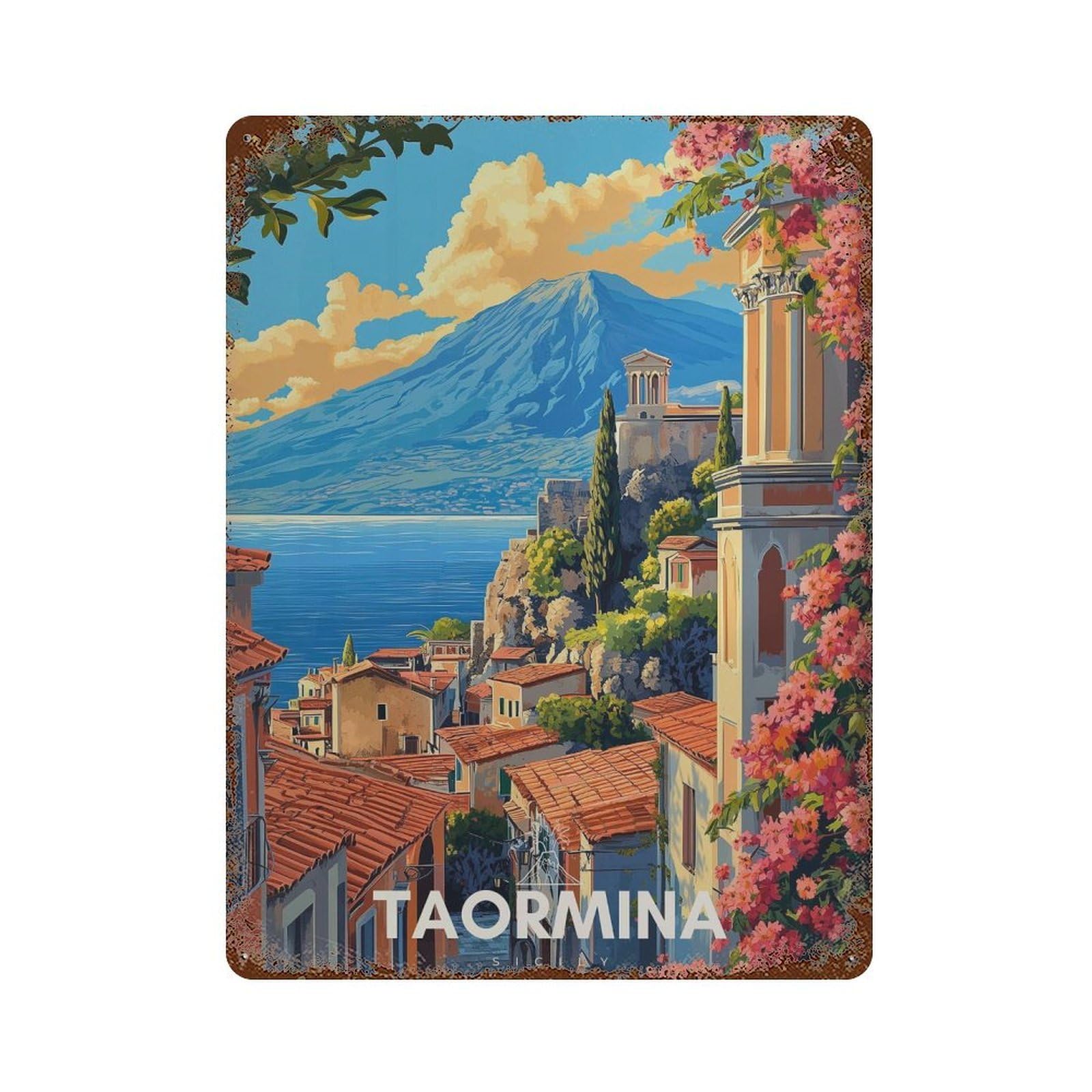 xiaoxiaoshen Taormina Sicily Colorful Italian Coastal Landscape Wall Decor Art Metal Tin Poster Modern Home Decor Art Home Bar Shop Decorations Vintage Sign 40x30cm