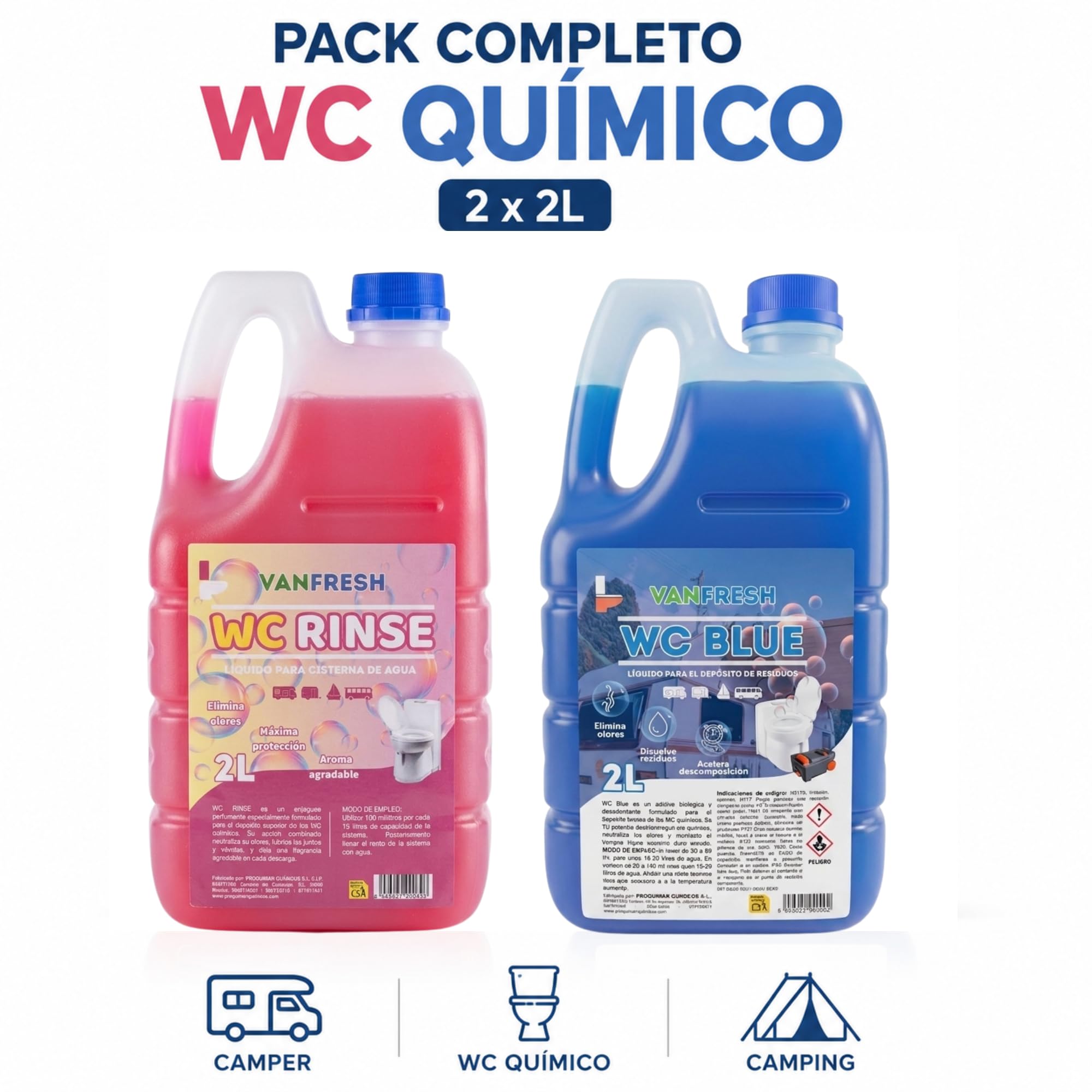 Pack WC Químico para Camper y Caravana | WC BLUE + WC RINSE 2x2L | Elimina Olores, Disuelve Residuos y Mantiene el WC Fresco – Líquidos para WC Portátil y Autocaravana