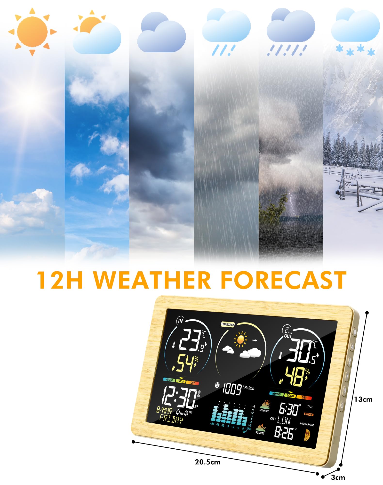 VOKSUN Wetterstation Funk mit Außensensor & Farbdisplay | Wettervorhersage, Innen/Außen-Thermometer & Hygrometer, Luftdruckmessung | Schlummerwecker, Dual-Strom (Batterie/Netzbetrieb) | Khaki