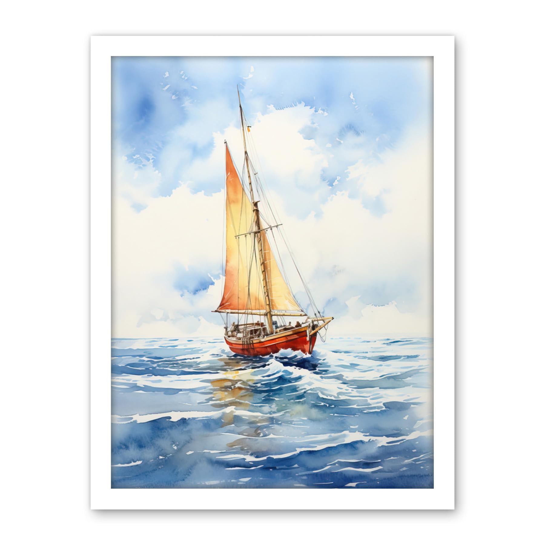 Artery8 Orange Sailing Boat Watercolour Painting Bathroom Artwork Sail at Sea Seascape Artwork Framed Wall Art Print 18X24 Inch