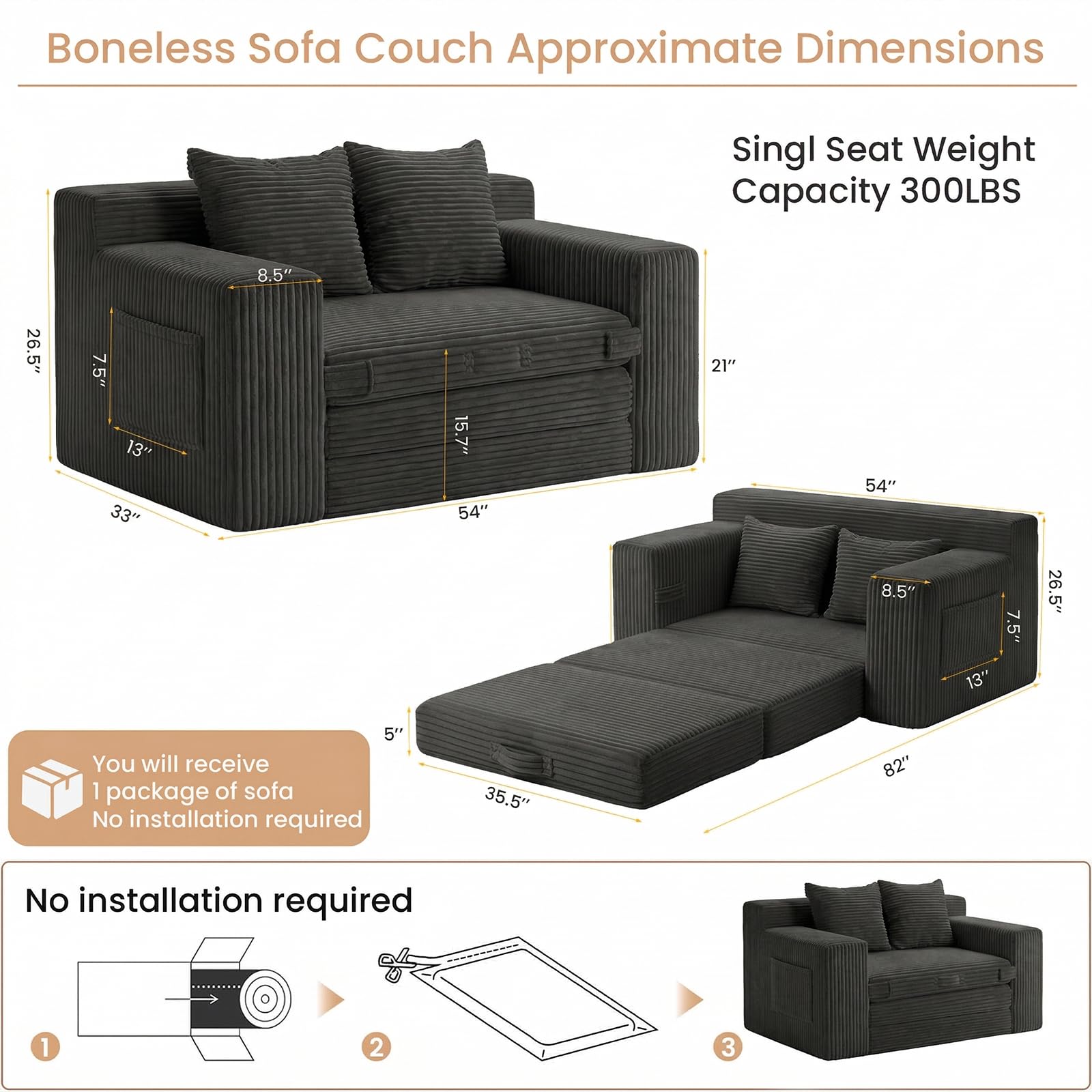 Boneless Loveseat Sofa Bed, Tri-Folding Convertible Futon Sleeper with Handle & Side Pockets, 54'' Boneless Couch with Hook and Loop No Assembly for Small Space,Living Room & Bedroom