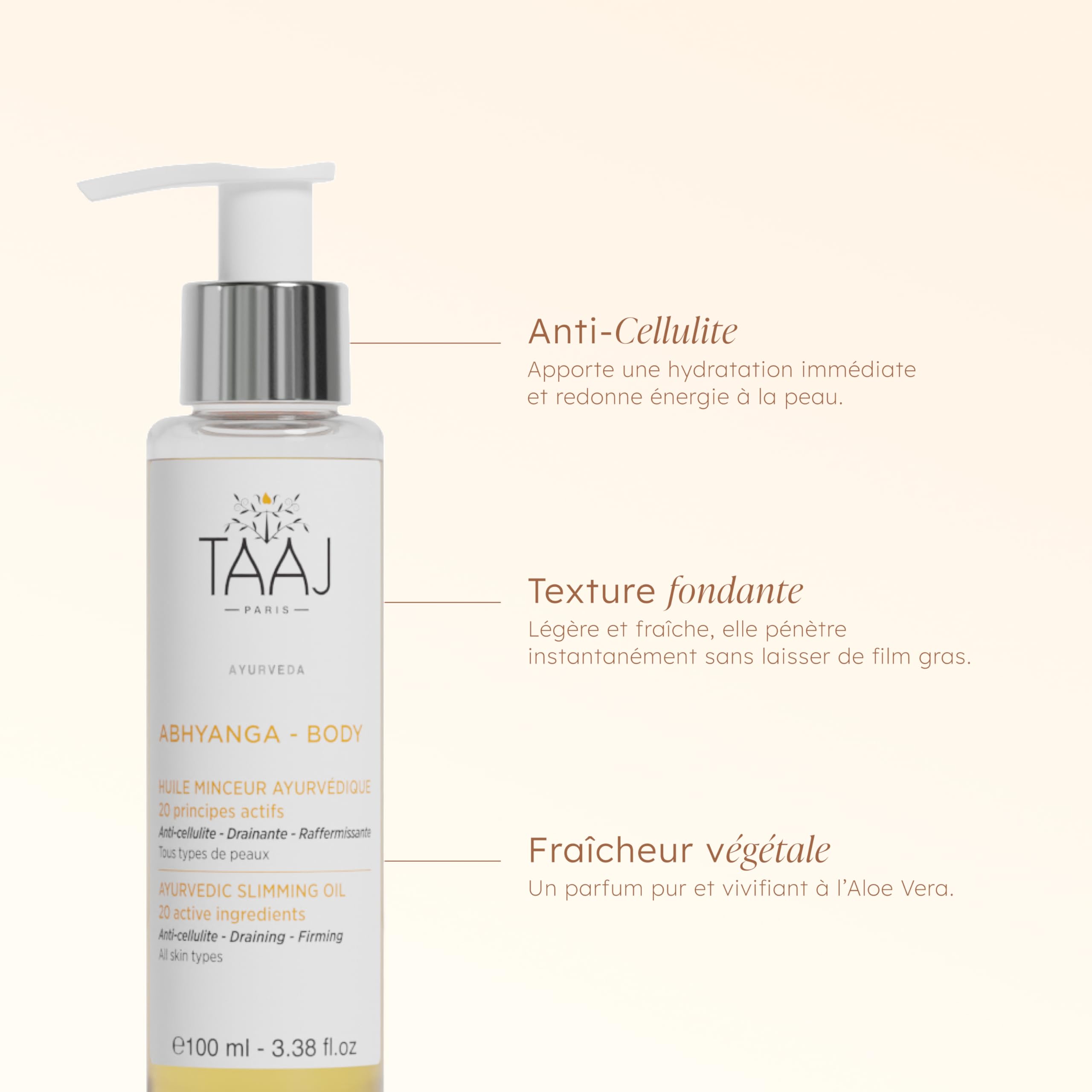 TAAJ | Huile Minceur Ayurvédique - ABHYANGA | Huile Anticellulite Raffermissante & Drainante | Raffermi & Lisse la peau | Réduit l’aspect de la Cellulite | Nourrit en profondeur | Vegan | 100 ml