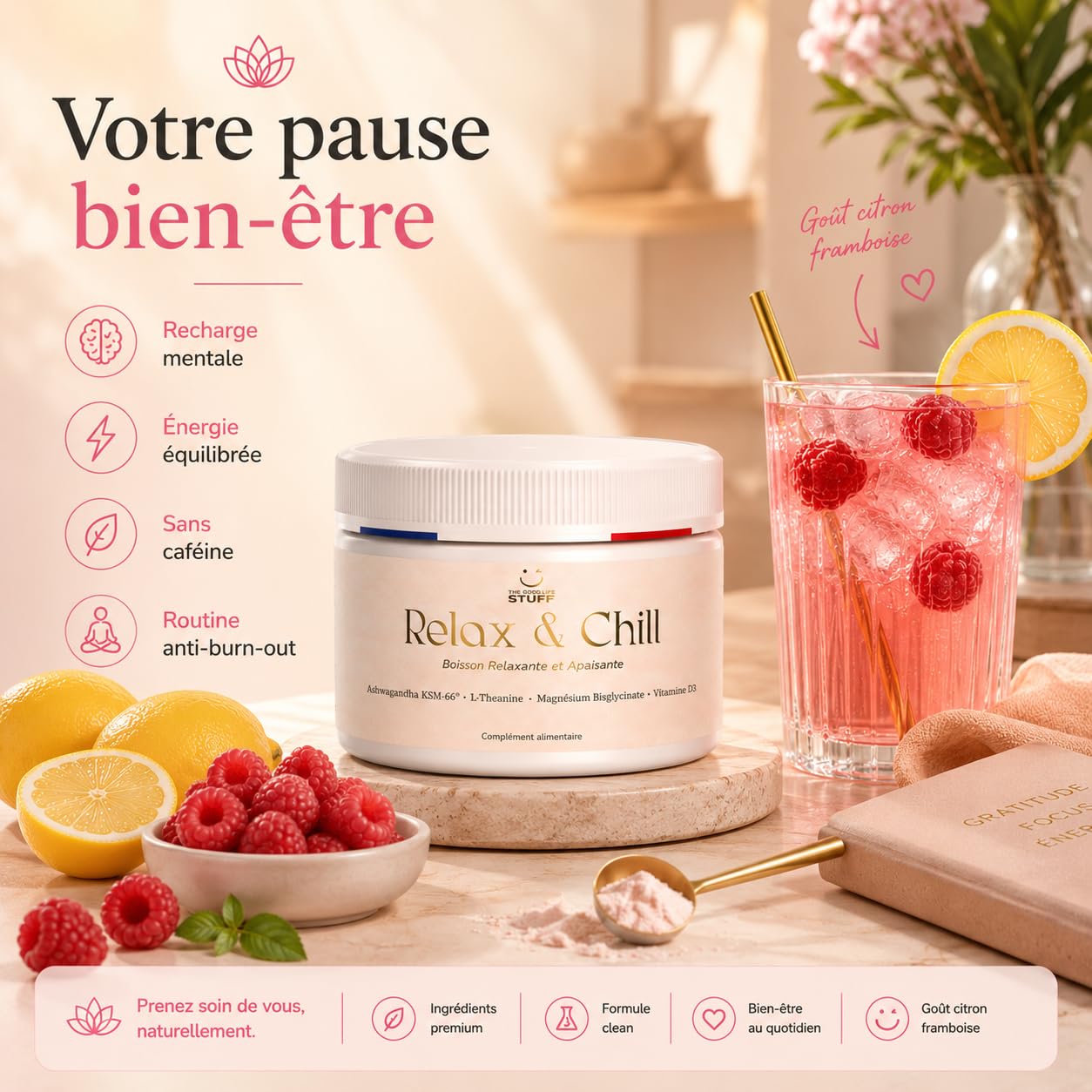 Relax & Chill Boisson Relaxation Anti-Stress/Ashwagandha KSM-66, L theanine, Magnesium Bisglycinate & Vitamine D/Baisse Cortisol & Stress, Améliore Détente et Qualité du Sommeil/Sans Cafeine ni Sucre
