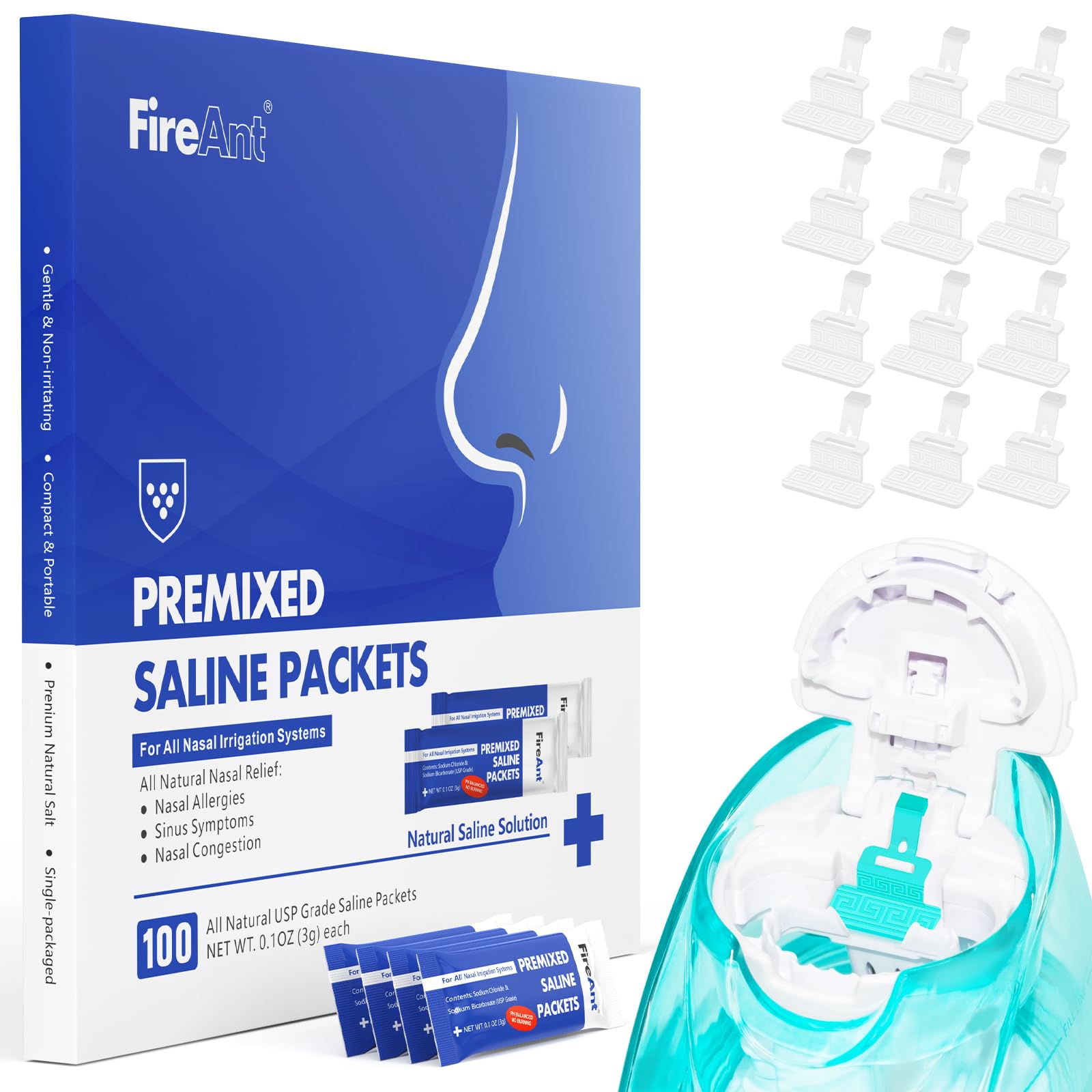 FireAnt 100 Saline Packets and 12 Reusable Saline Pods Refills Set, Compatible with Navage Nasal Care - Includes 100 Count Salt Packets Sinus Rinse + 12 Pack Silicone Salt Pads Refill in Ivory