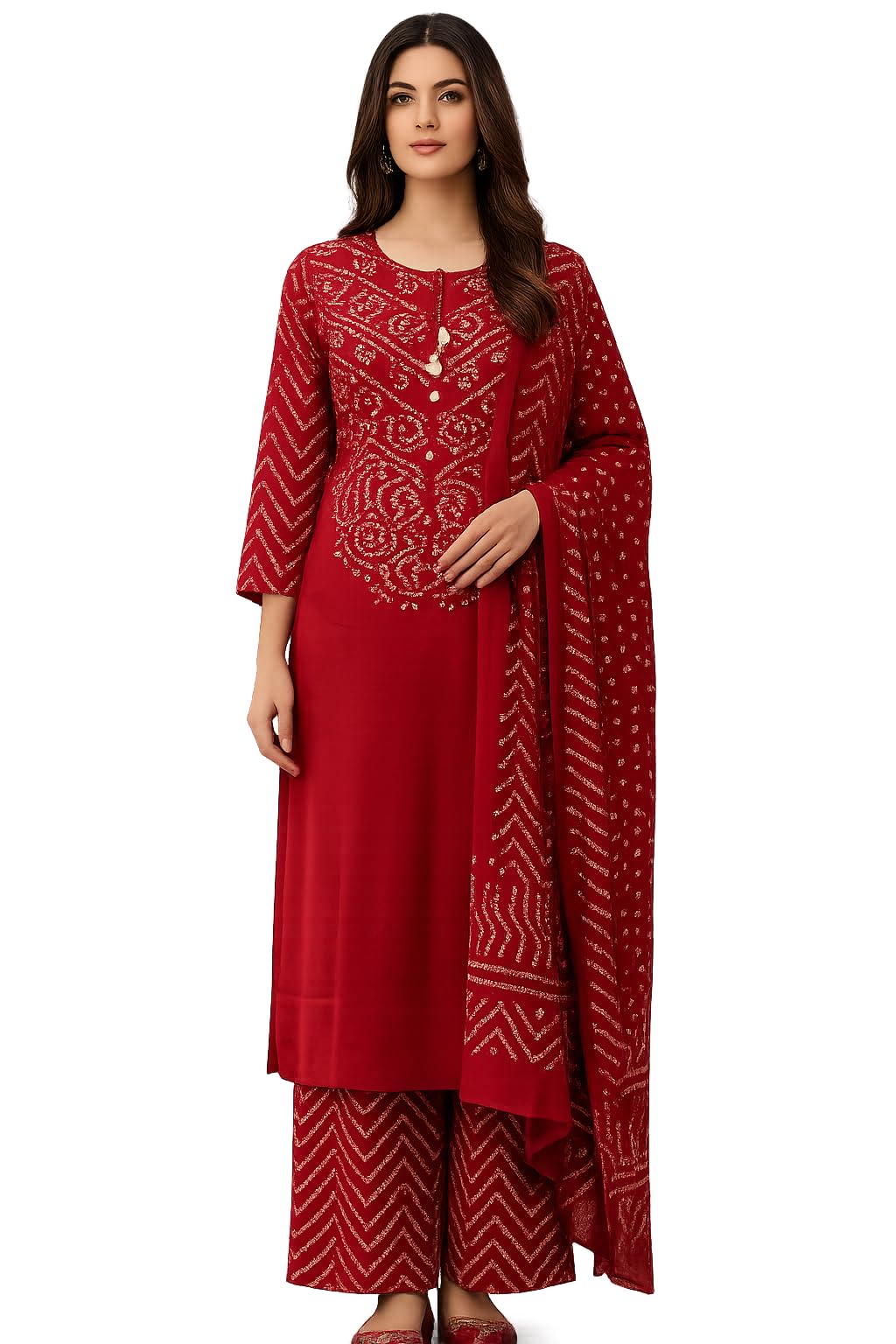 Women Bandhani Printed Regular Pure Cotton Ethnic 3-Piece Traditional Kurta Palazzos & Dupatta-image-28