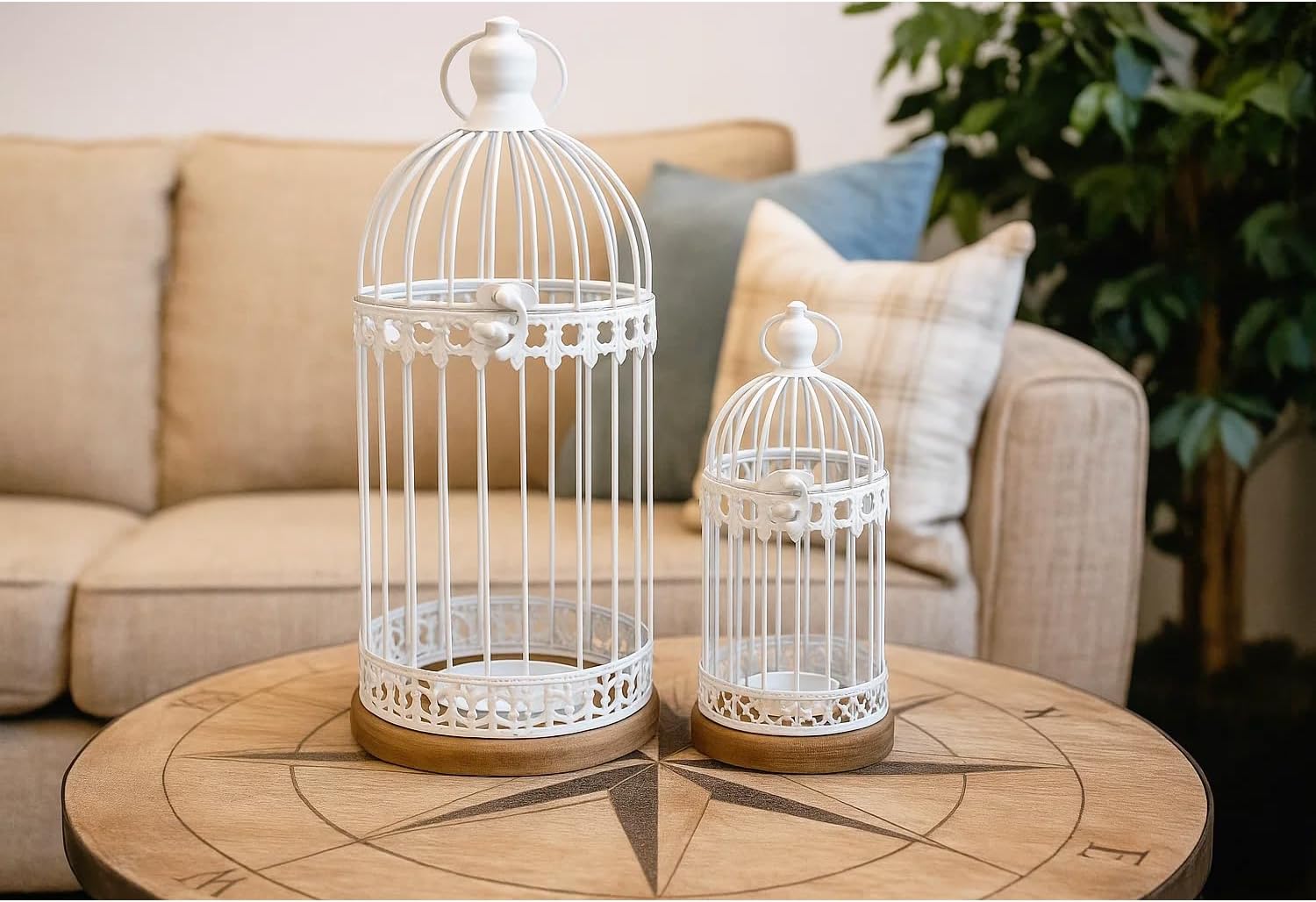 VELA LANTERNS Birdcage Candle Lanterns – Set of 2 Decorative Metal Lanterns on Wooden Base – Vintage Farmhouse Tabletop & Hanging Lantern for Weddings, Parties & Home Decor, White
