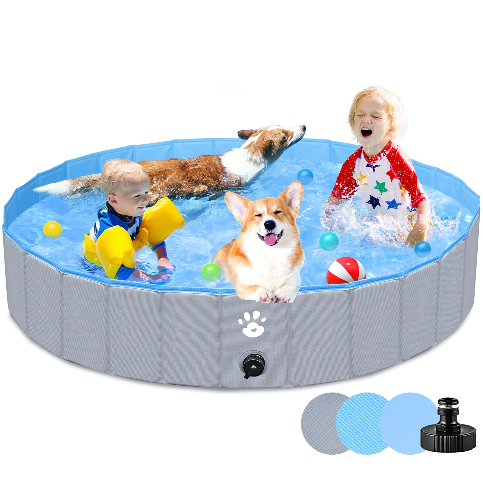 Gindoly piscina per cani Pieghevole,piscina per cani grandi&piccola,piscina per bambini da esterno,PVC robusto e resistente, antiscivolo,Rotondo, Grigio-140 * 30cm
