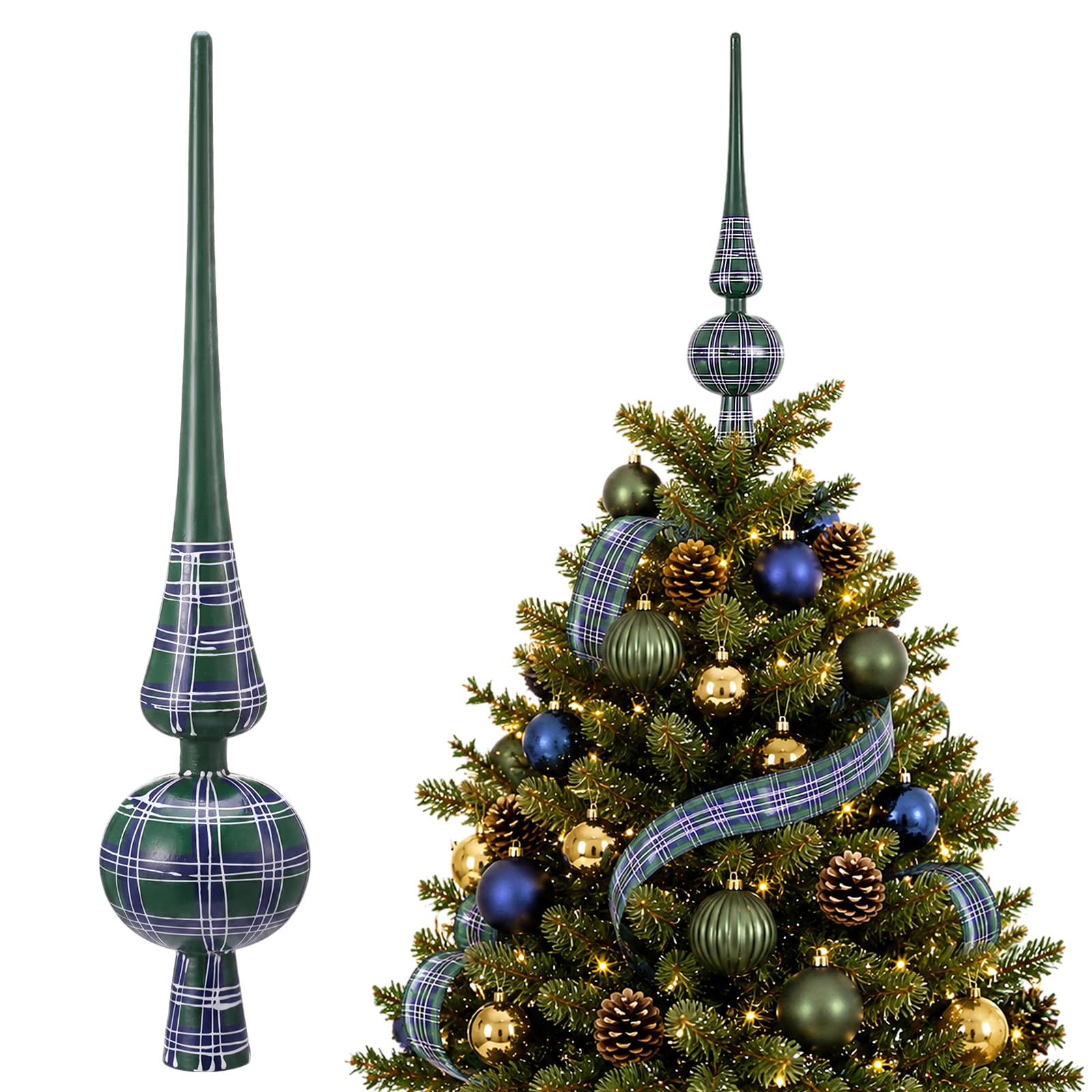 12''Vintage Green Tartan Christmas Tree Topper Double Gourd Finial Ornament