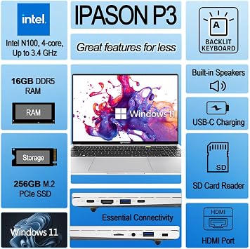 IPASON 2026 Business Laptop, Intel Powerful Processor, 16GB DDR5, 512GB PCIe, 16 FHD WUXGA Anti-Glare Display, Fast Charging, Backlit Keyboard, 14.5-Hour Battery Life, Windows 11 with MS 365 for Web