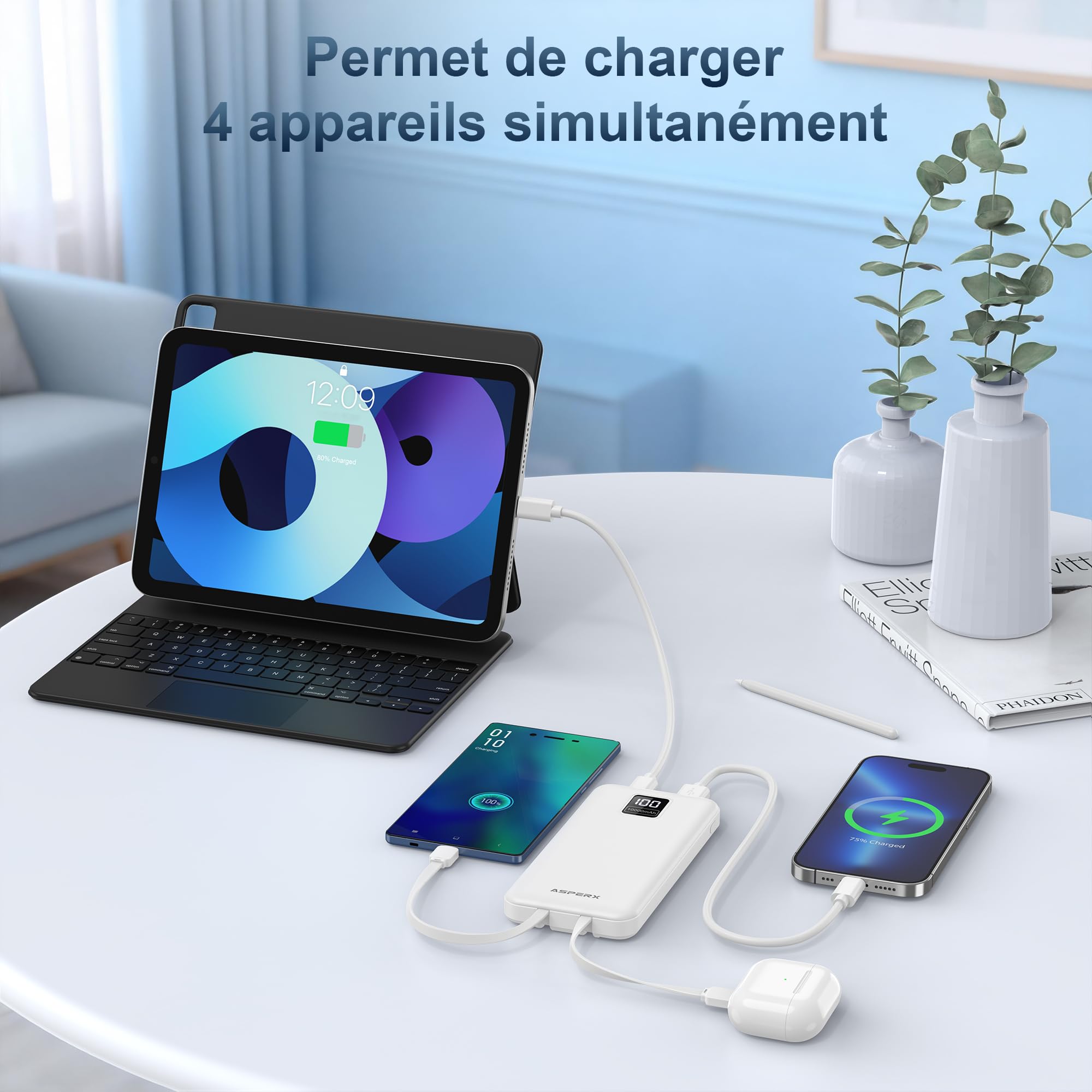 AsperX 2 baterías externas USB C de entrada y salida, con cables integrados