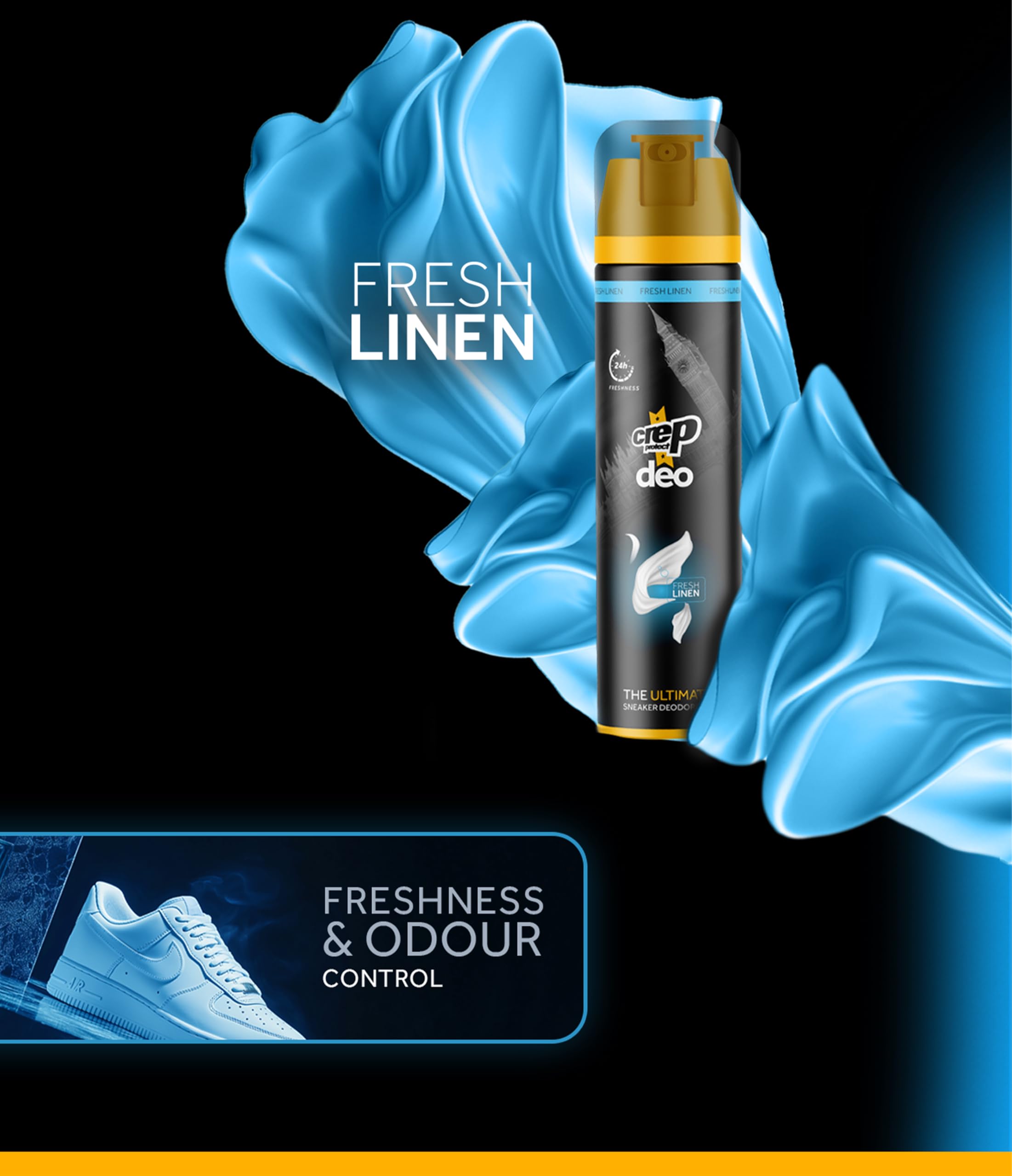 Crep Protect Shoe Deodorizer Spray - Shoe Smell Eliminator Delivers 24-Hour Odor Protection, Residue-Free Formula for All Sneakers, Refreshing Scent (Fresh Linen, 150ml)