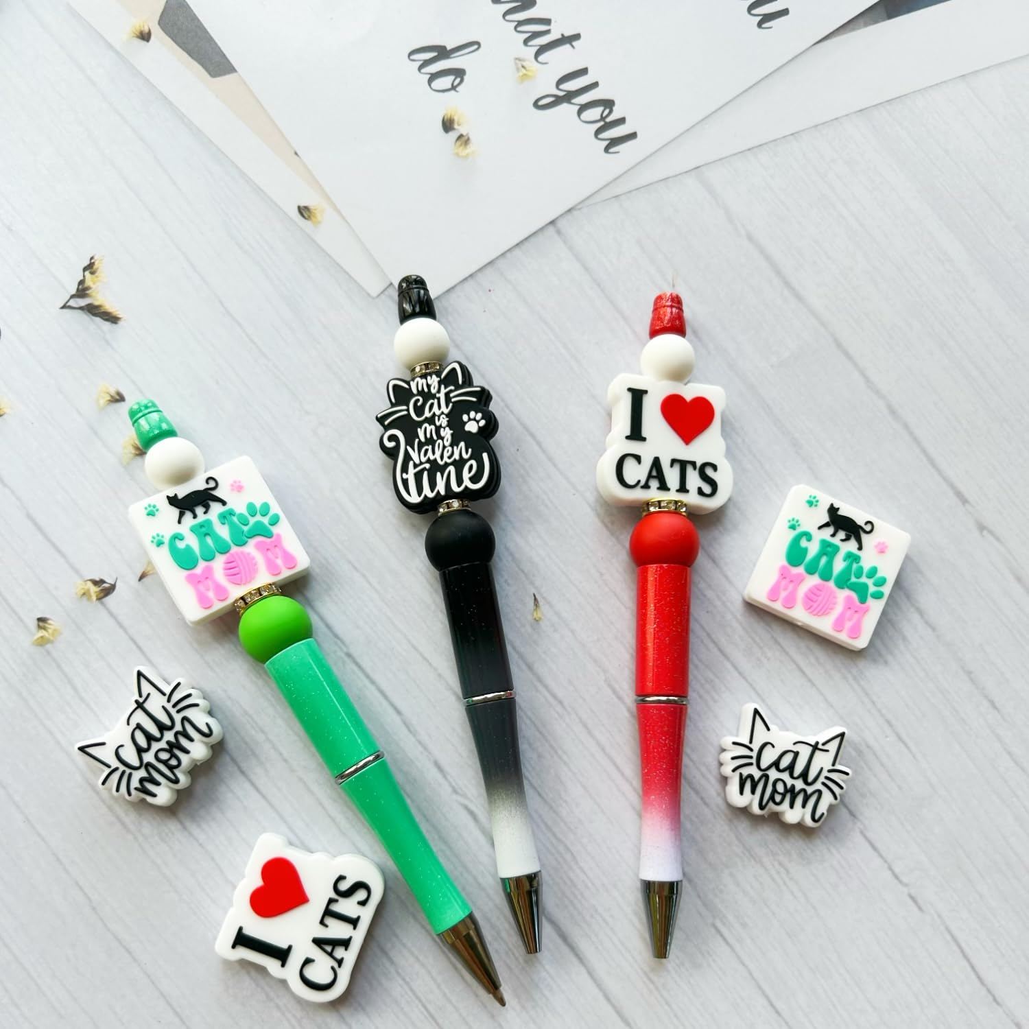 12PCS Cats Silicone Focal Beads - Gray & Pink Animal Beads For DIY Keychains & Pens