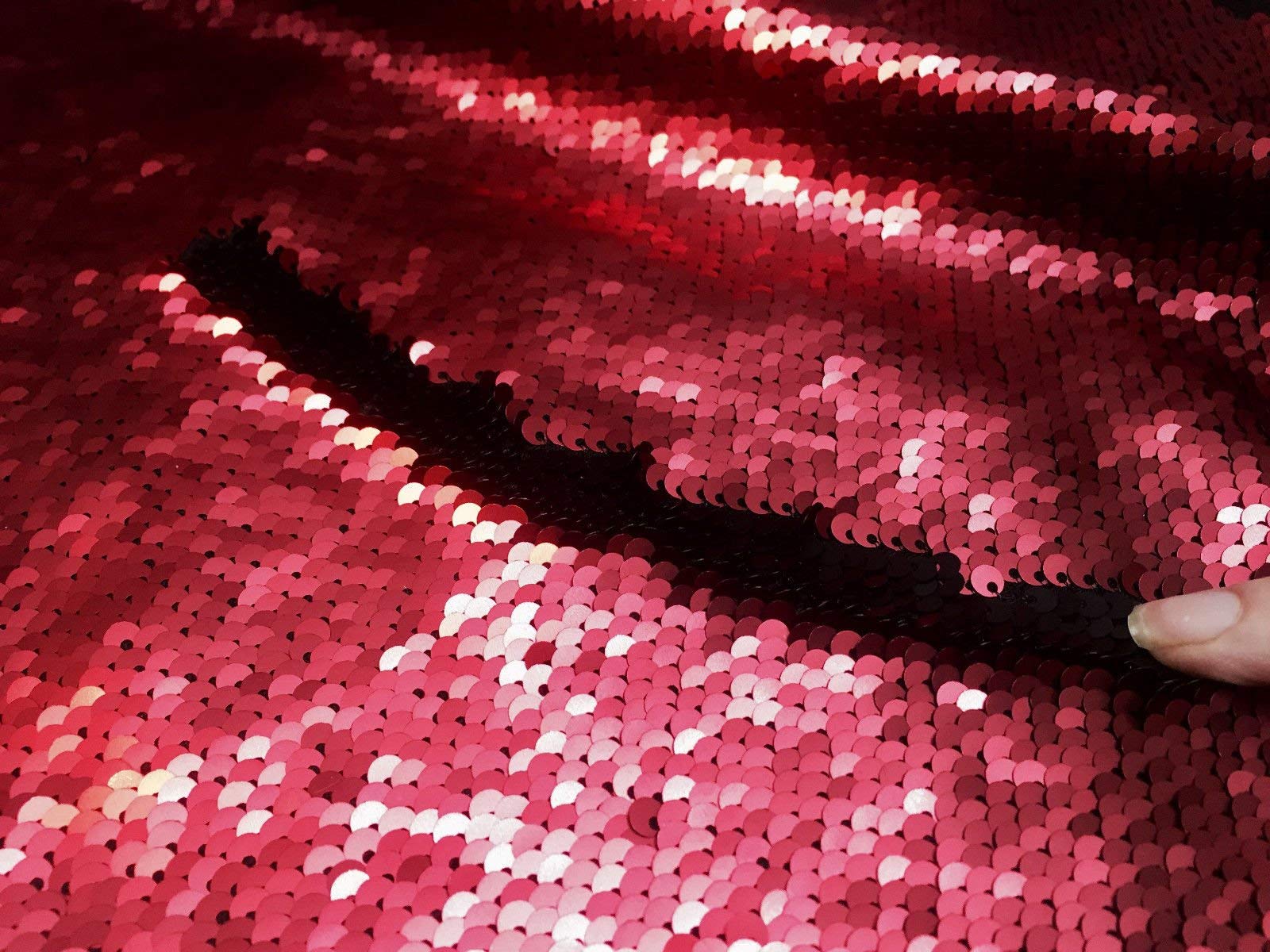 5mm Reversible Sequin Fabric, Mermaid Sequins Material - 140cm wide (sold by 0.5m) (Raspberry Red & Black, HALF METRE)