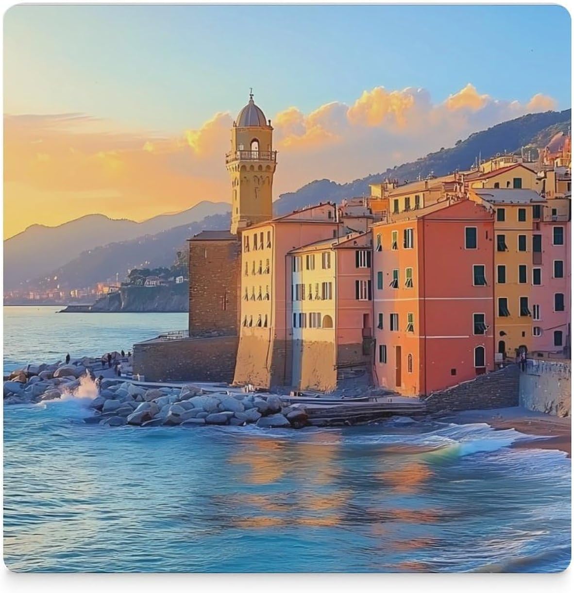 Camogli Beach Italy Funny Ceramic Coasters for Drinks Absorbent Cup Holder Tabletop Protector with Cork Base