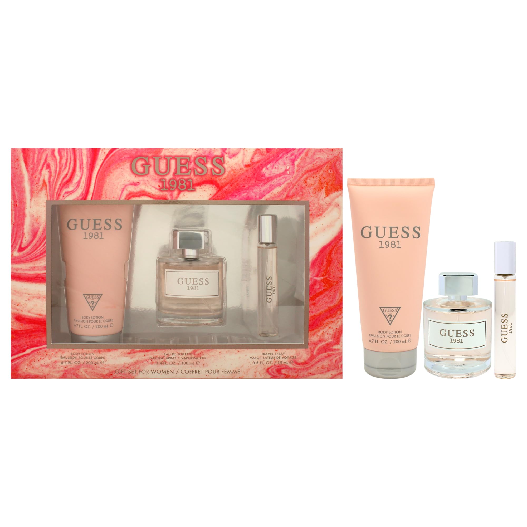 Guess 1981 for Women 3 Piece Gift Set, 3.4oz Eau De Toilette Spray + 0.5oz Eau De Toilette Spray + 6.7oz Body Lotion
