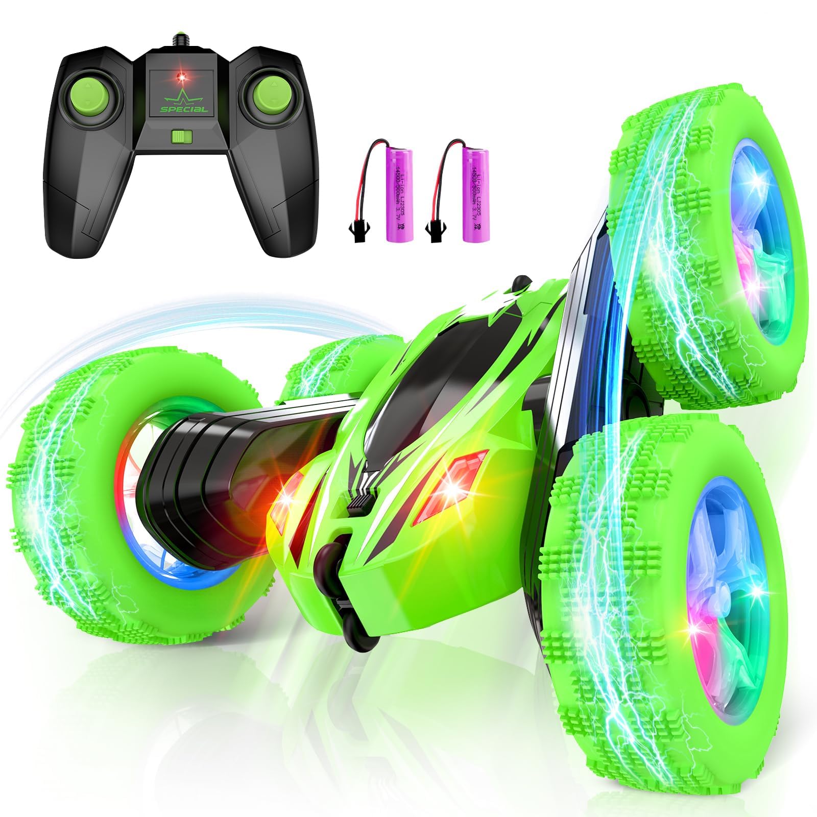 Remote Control Car for Boys 4-7,RC Cars Toys for Ages 5-7, 2.4Ghz Fast Double-Sided 360°Rotating Toy Cars with Headlights and Wheel Lights, Christmas Birthday Gifts for Boys Age 6-12, Green