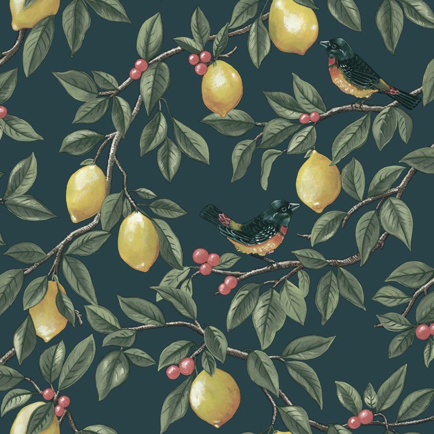 Lemon Leaf Trail Teal Wallpaper - Botanical Birds Berries - Traditional Balanced - Paste The Paper