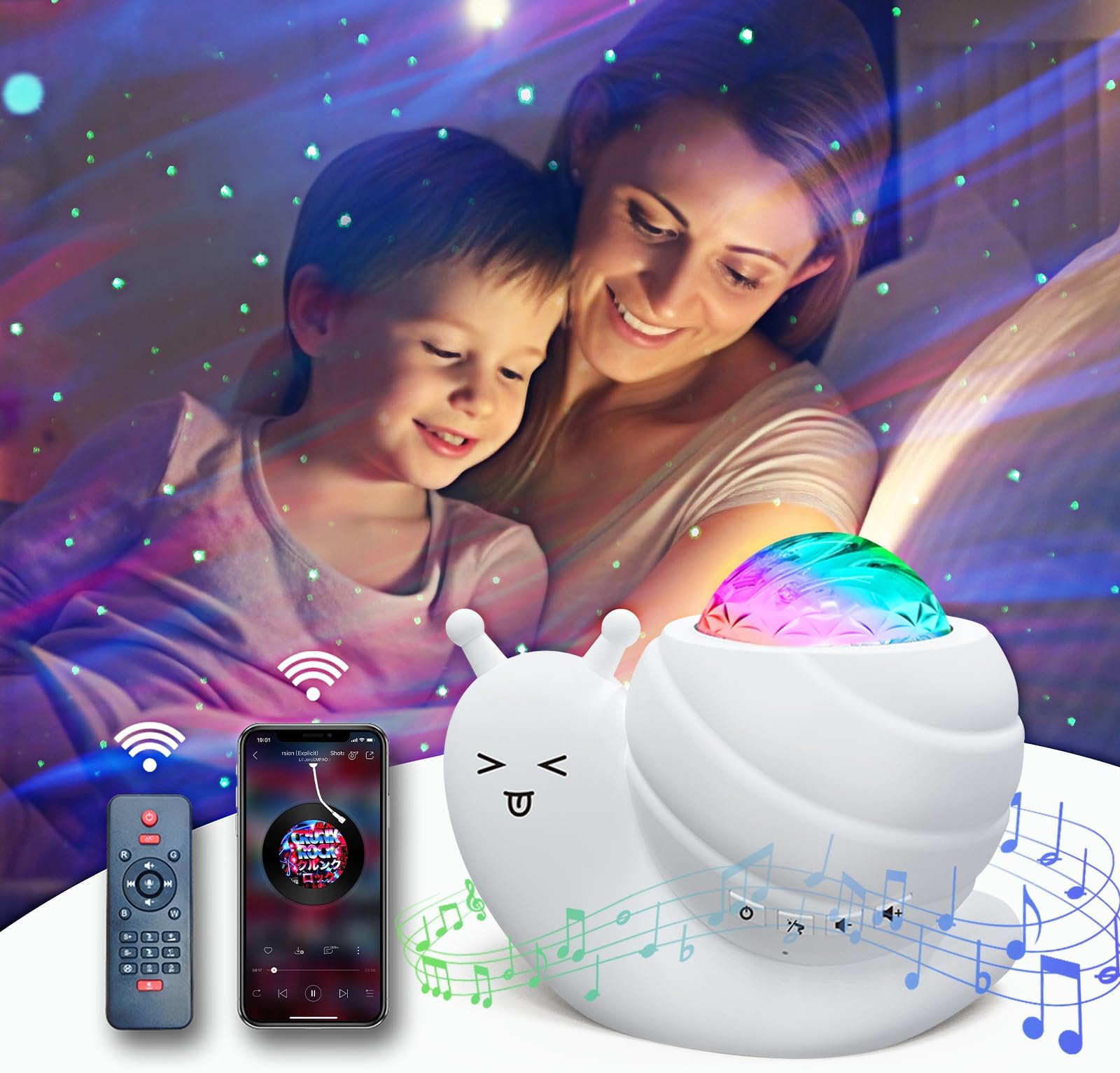 Mycket Star Projector Night Light, 4 in 1 Aurora Galaxy Projector Lights, Snail Kids Night Lights for Bedroom with Remote/Music Bluetooth Speaker/Colors Changing/Timer Fuction for Kids Adults Gifts