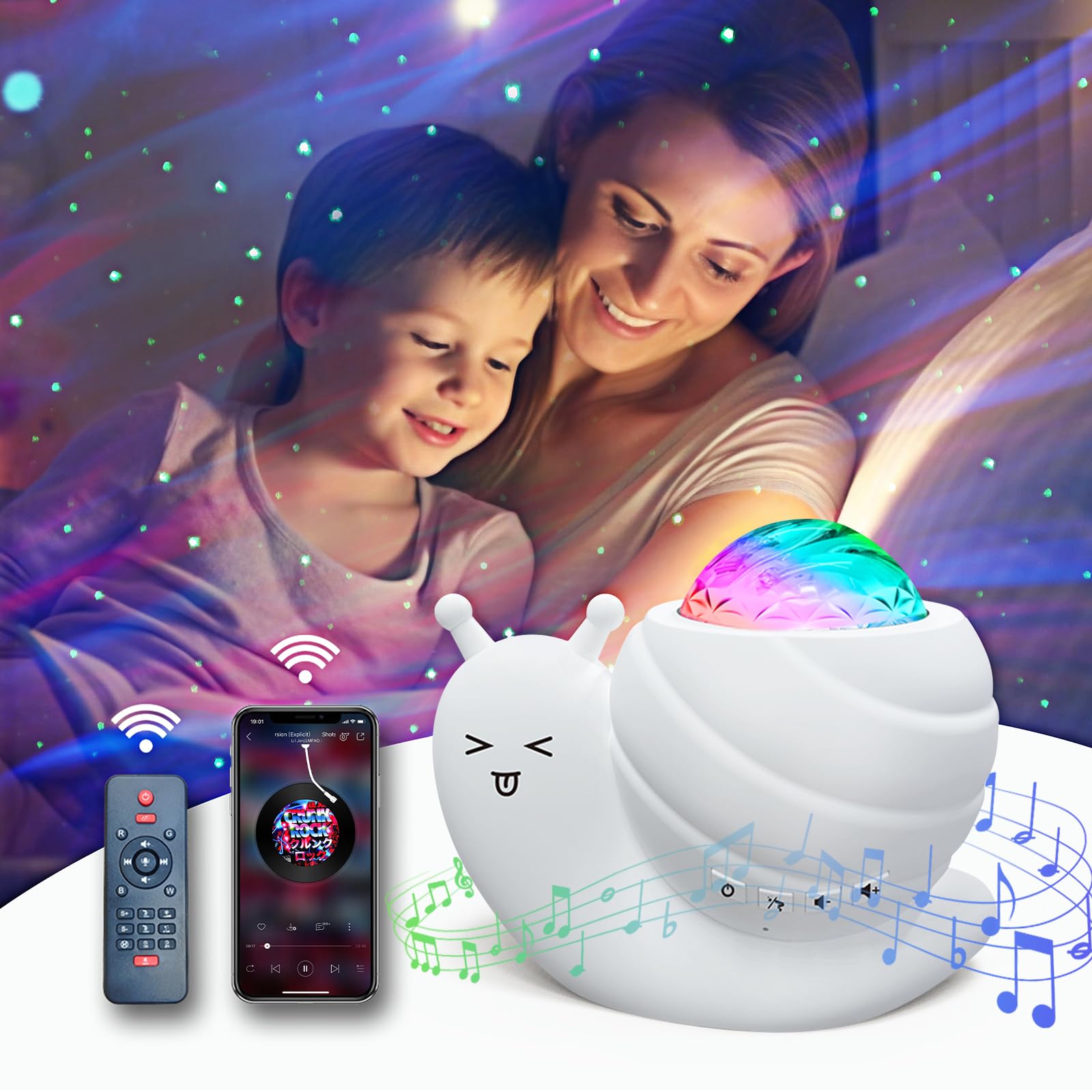 Star Projector Night Light, 4 in 1 Aurora Galaxy Projector Lights, Snail Kids Night Lights for Bedroom with Remote/Music Bluetooth Speaker/Colors Changing/Timer Fuction for Kids Adults Gifts